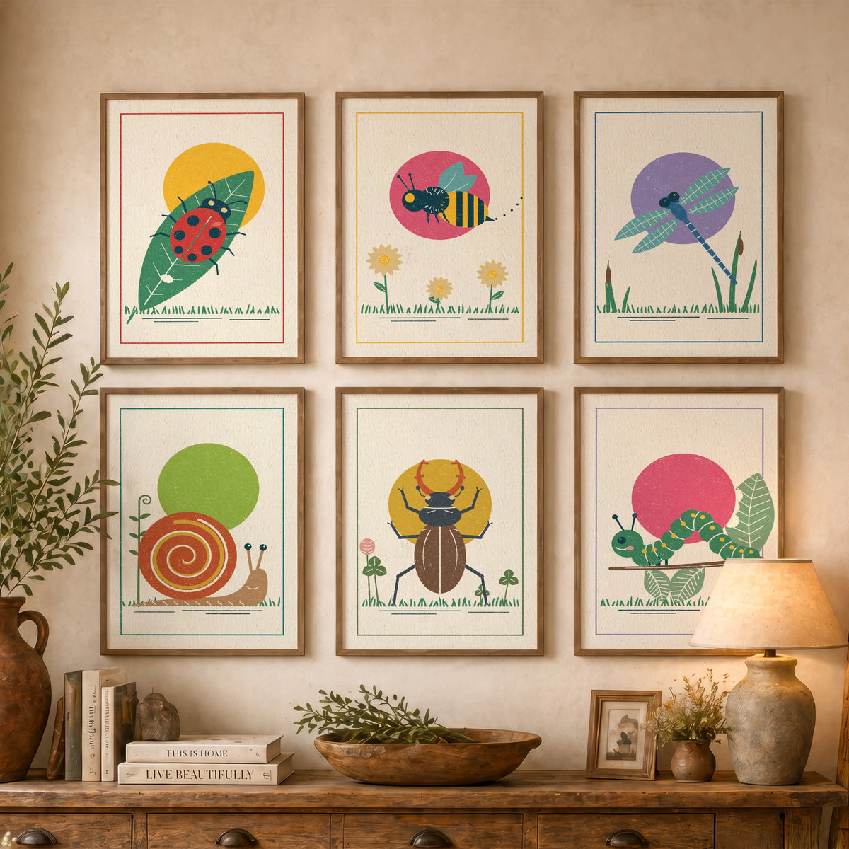 Set of Six Garden Insect Art Prints - 6 Linocut Style Bug Posters - Ladybird, Bee, Dragonfly, Snail, Stag Beetle, Caterpillar Illustration