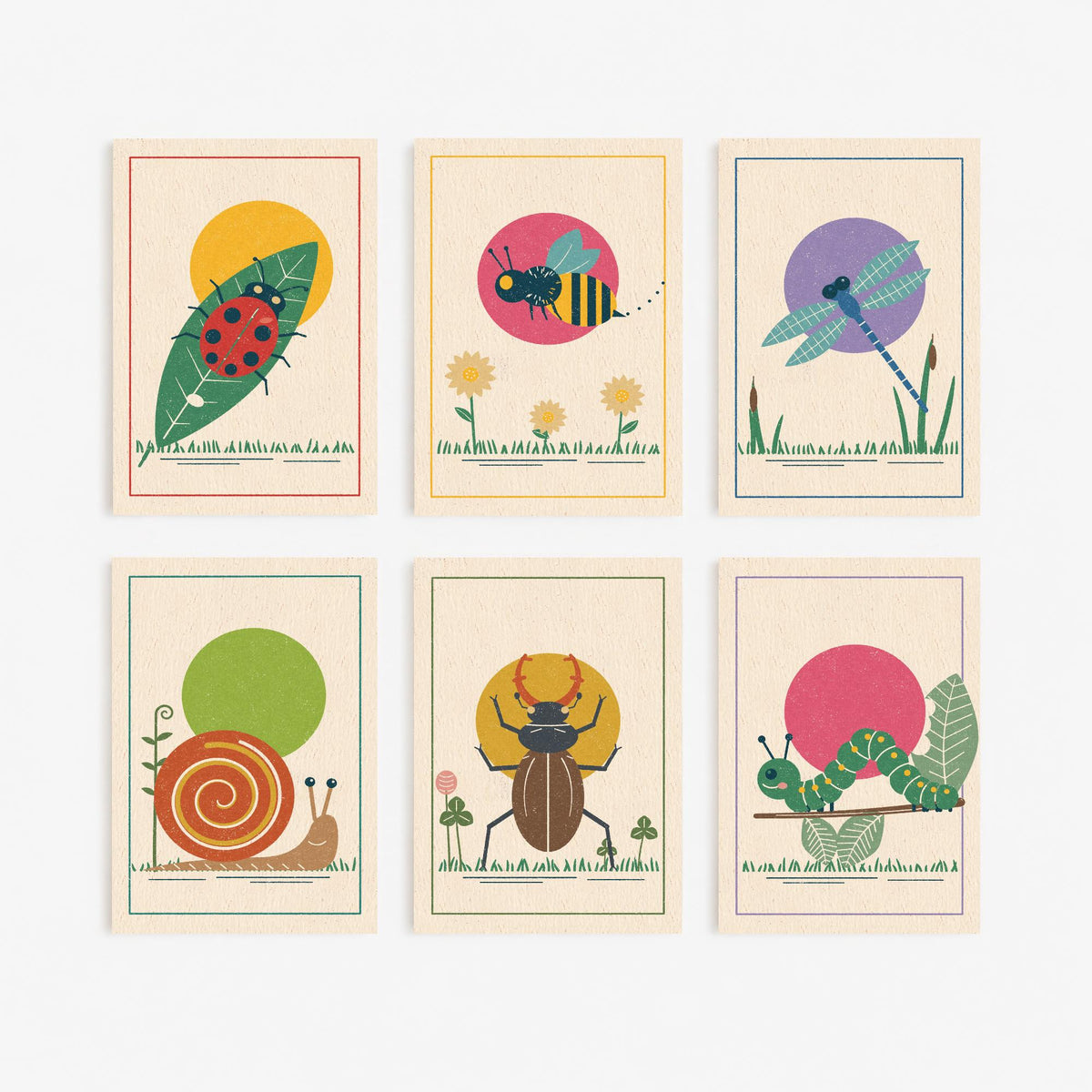 Set of Six Garden Insect Art Prints - 6 Linocut Style Bug Posters - Ladybird, Bee, Dragonfly, Snail, Stag Beetle, Caterpillar Illustration