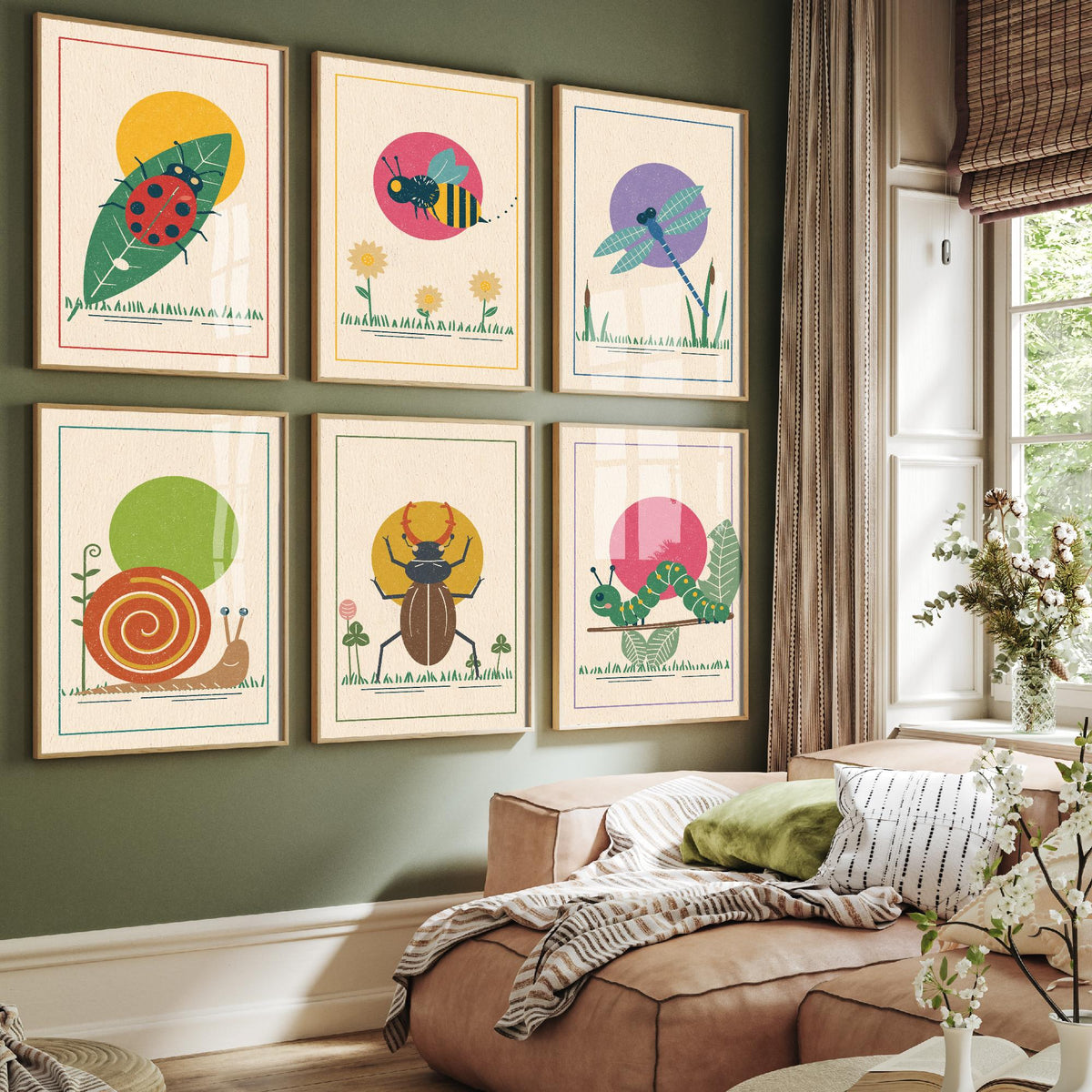 Set of Six Garden Insect Art Prints - 6 Linocut Style Bug Posters - Ladybird, Bee, Dragonfly, Snail, Stag Beetle, Caterpillar Illustration