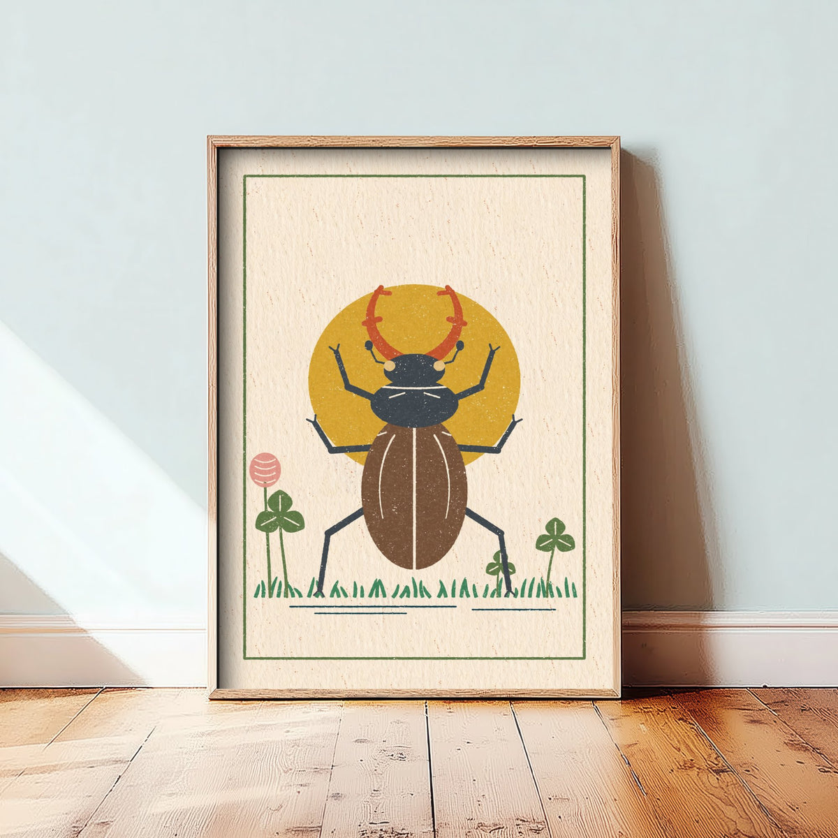 Stag Beetle Art Print - Clover Meadow Linocut Style Poster - British Beetle Illustration V2 2/3