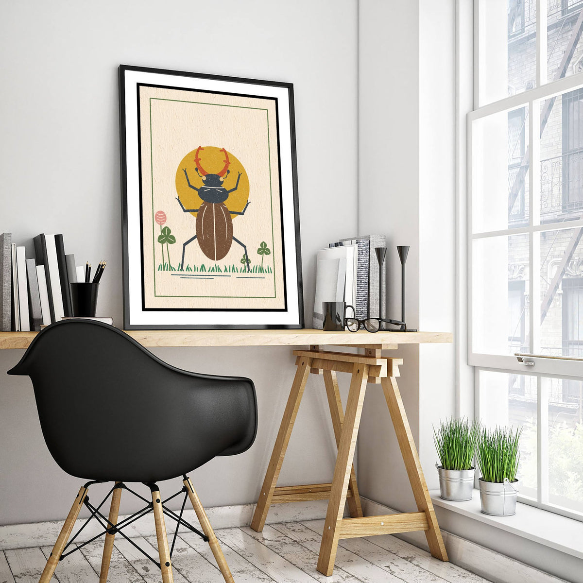 Stag Beetle Art Print - Clover Meadow Linocut Style Poster - British Beetle Illustration V2 2/3