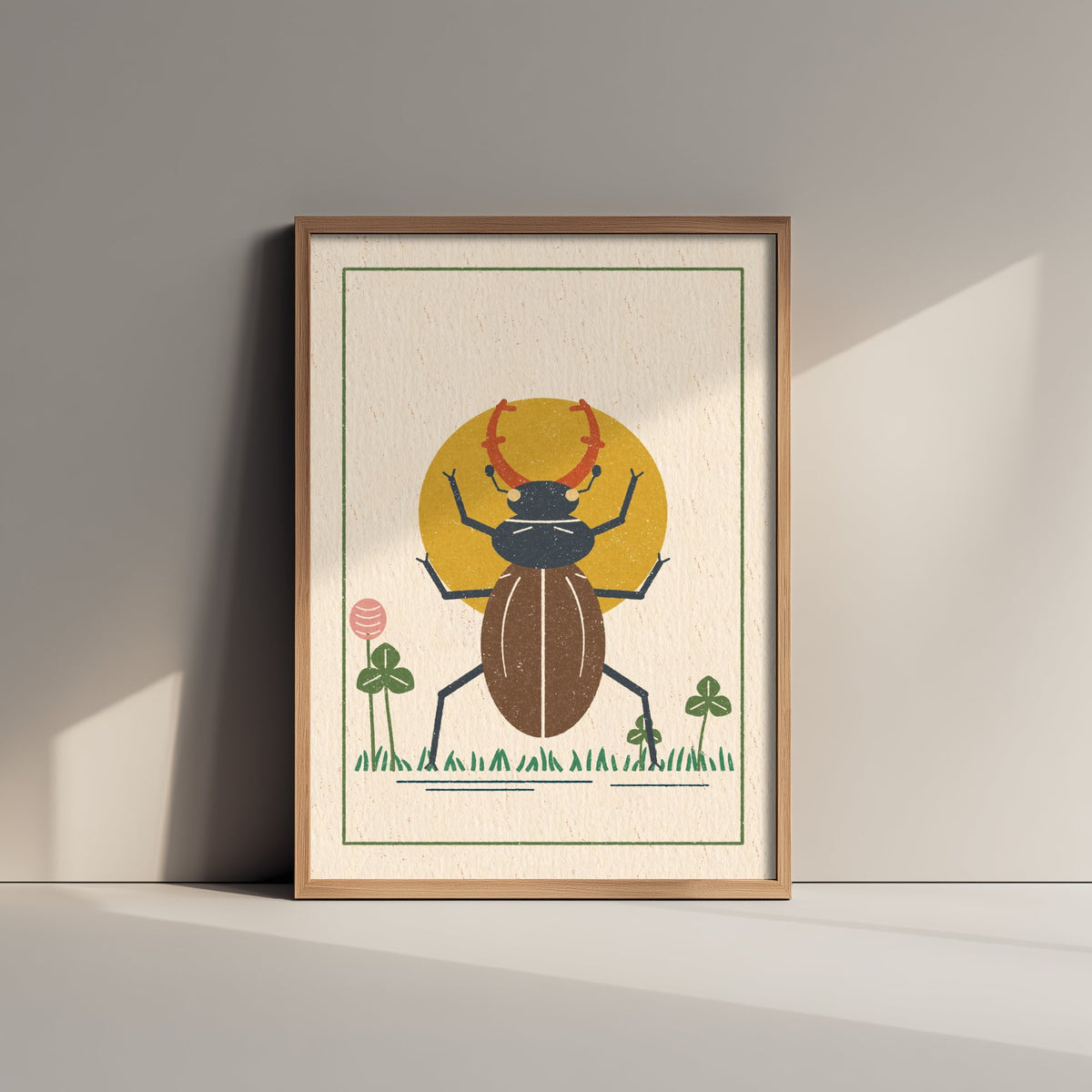 Stag Beetle Art Print - Clover Meadow Linocut Style Poster - British Beetle Illustration V2 2/3