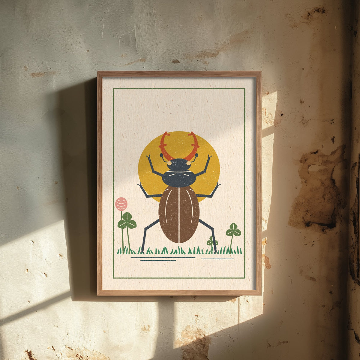 Stag Beetle Art Print - Clover Meadow Linocut Style Poster - British Beetle Illustration V2 2/3