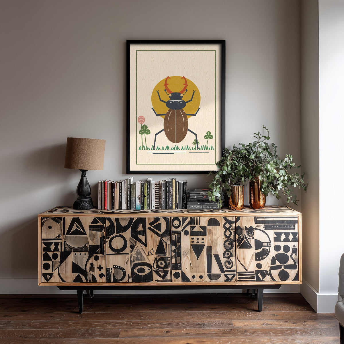 Stag Beetle Art Print - Clover Meadow Linocut Style Poster - British Beetle Illustration V2 2/3