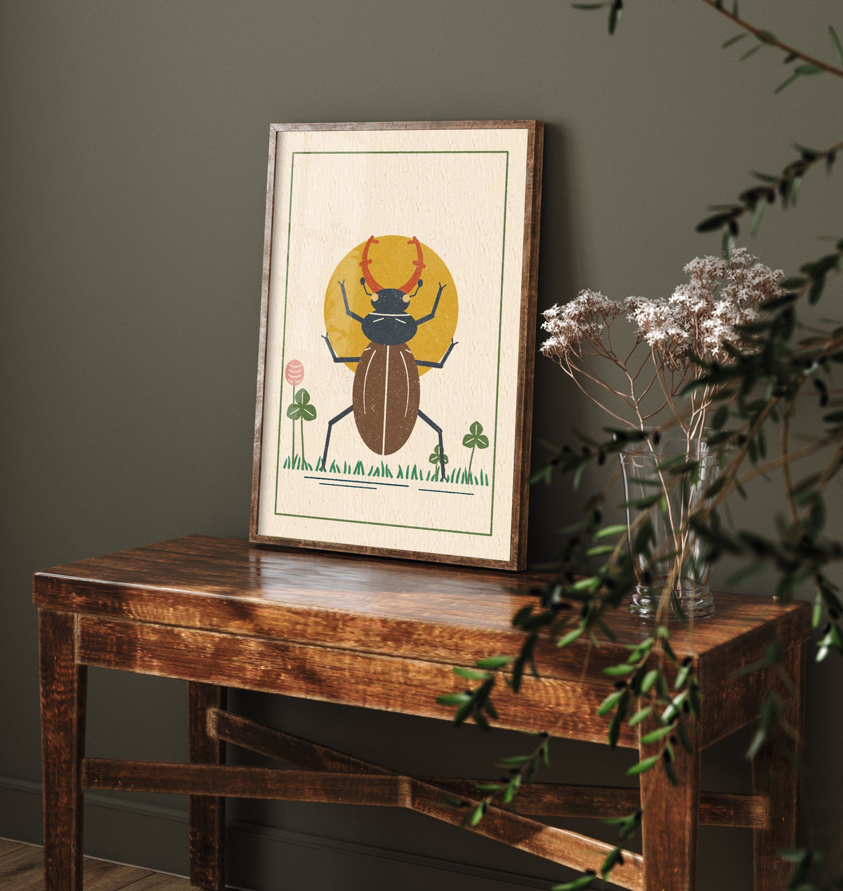 Stag Beetle Art Print - Clover Meadow Linocut Style Poster - British Beetle Illustration V2 2/3