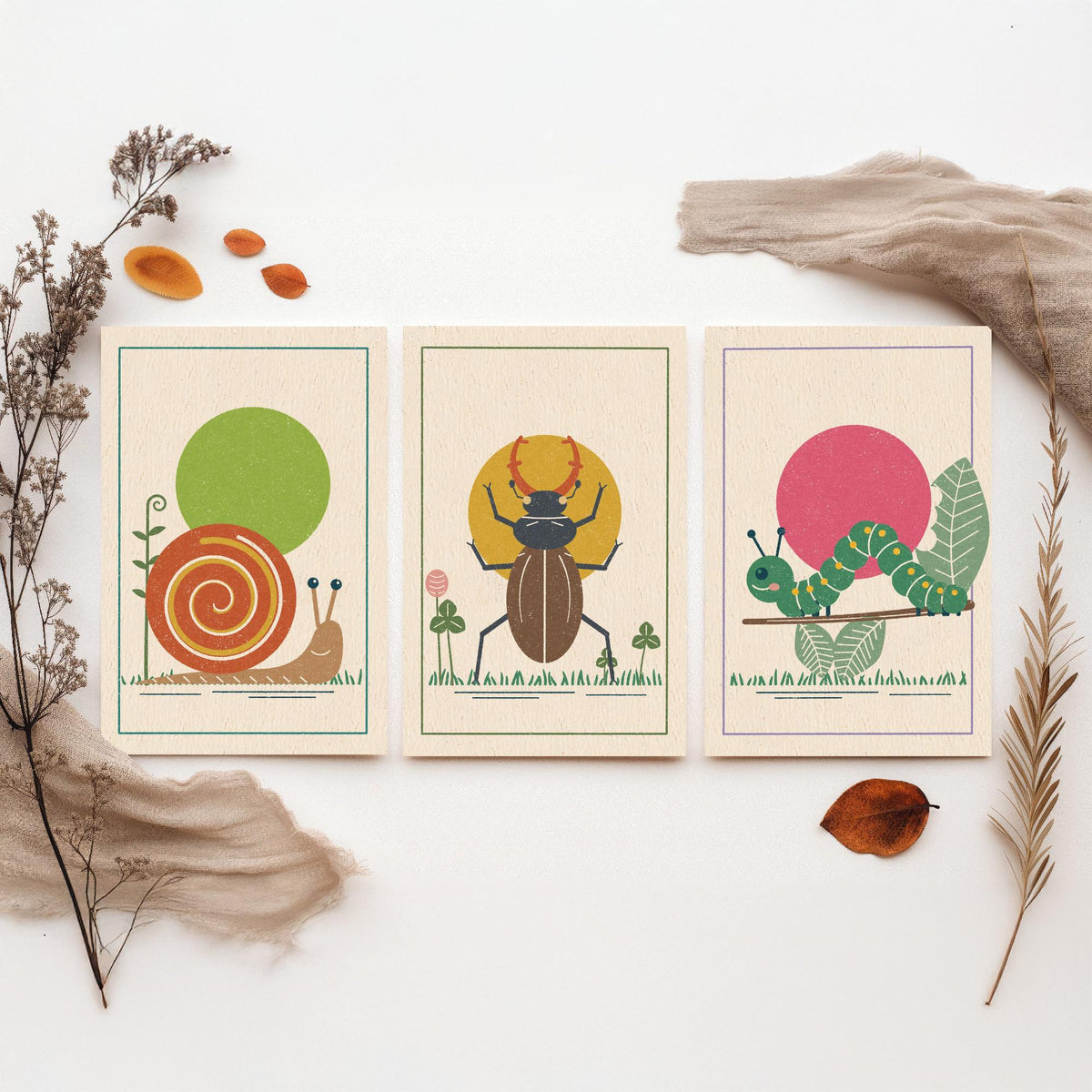 Garden Insect Set of Three Art Prints - Snail, Stag Beetle, Caterpillar - Linocut Style Poster Illustration V2
