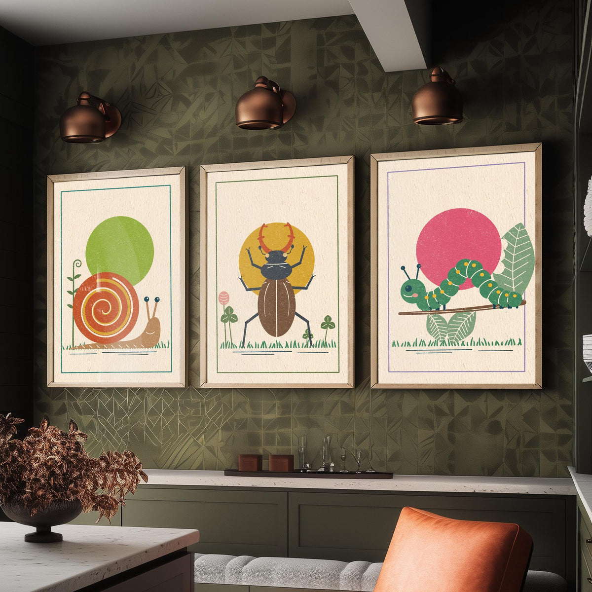 Garden Insect Set of Three Art Prints - Snail, Stag Beetle, Caterpillar - Linocut Style Poster Illustration V2