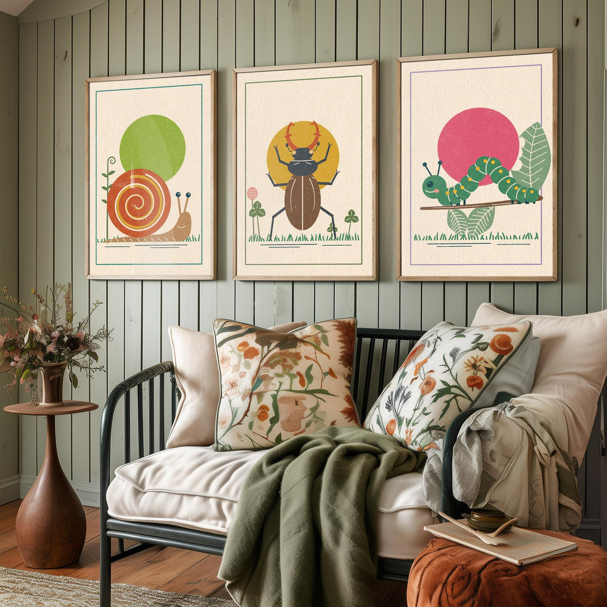 Garden Insect Set of Three Art Prints - Snail, Stag Beetle, Caterpillar - Linocut Style Poster Illustration V2