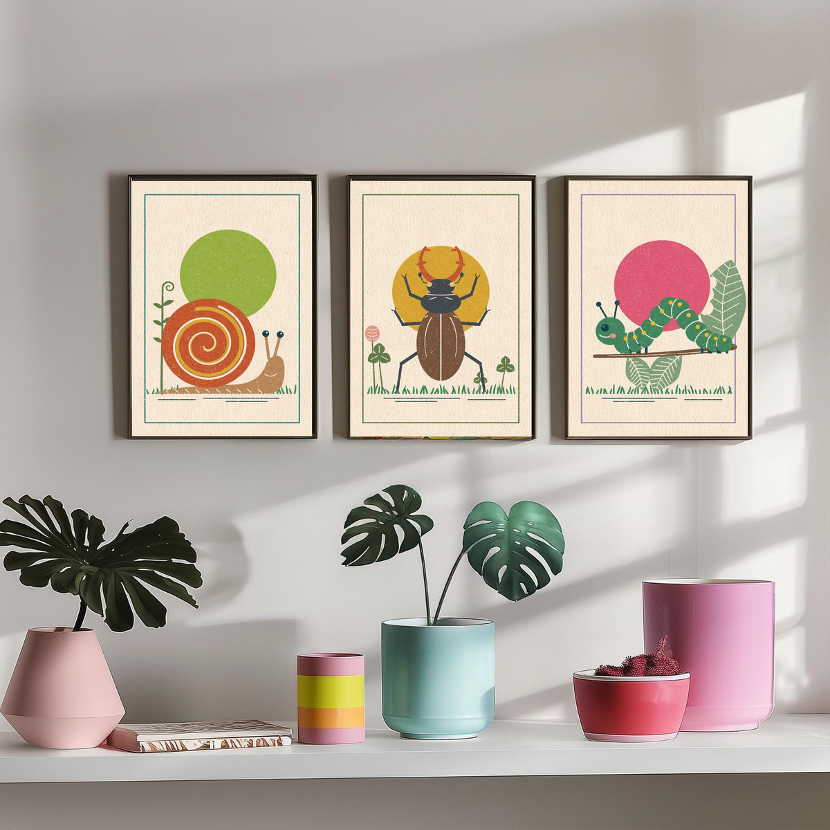 Garden Insect Set of Three Art Prints - Snail, Stag Beetle, Caterpillar - Linocut Style Poster Illustration V2