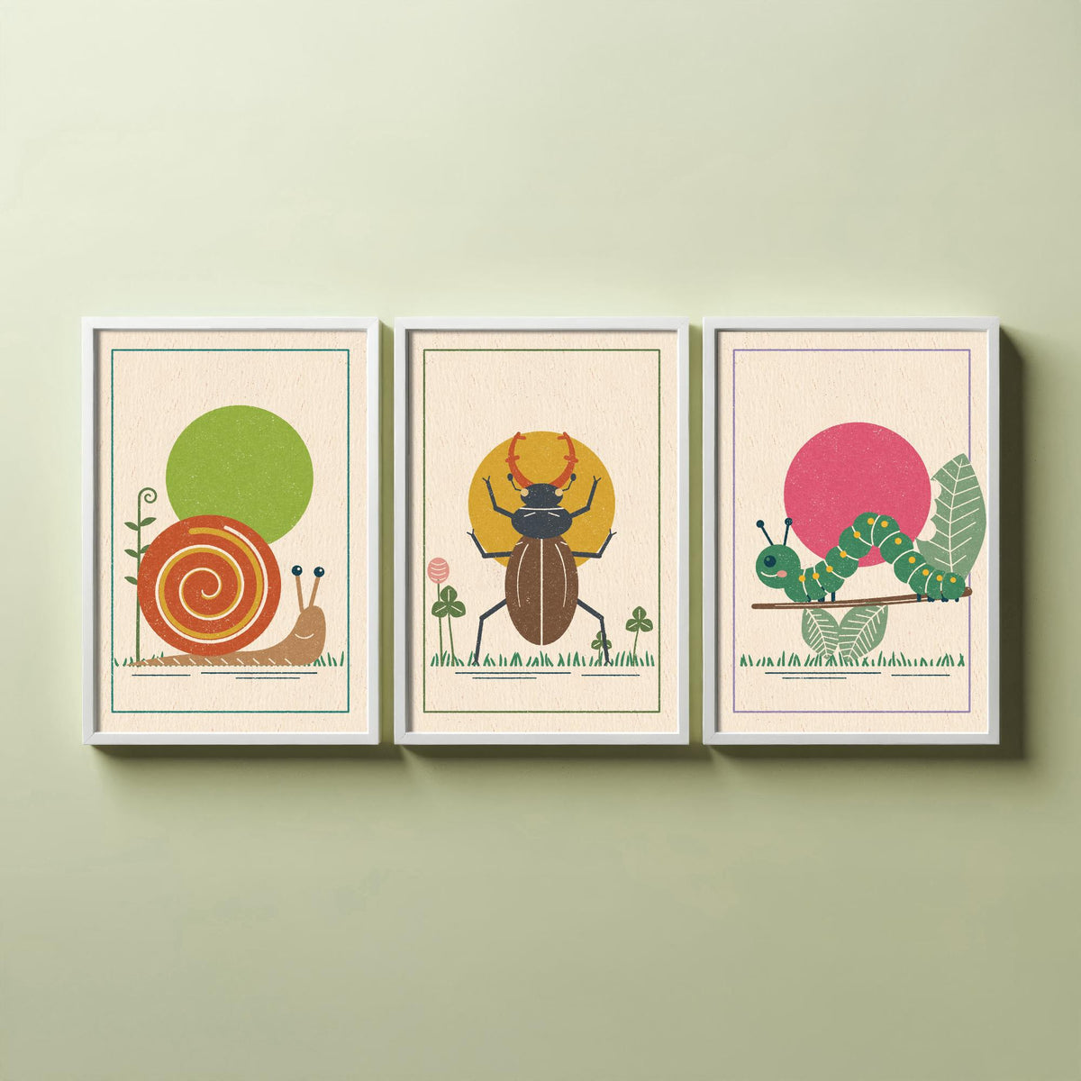 Garden Insect Set of Three Art Prints - Snail, Stag Beetle, Caterpillar - Linocut Style Poster Illustration V2