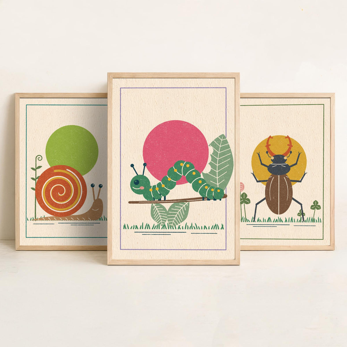 Garden Insect Set of Three Art Prints - Snail, Stag Beetle, Caterpillar - Linocut Style Poster Illustration V2
