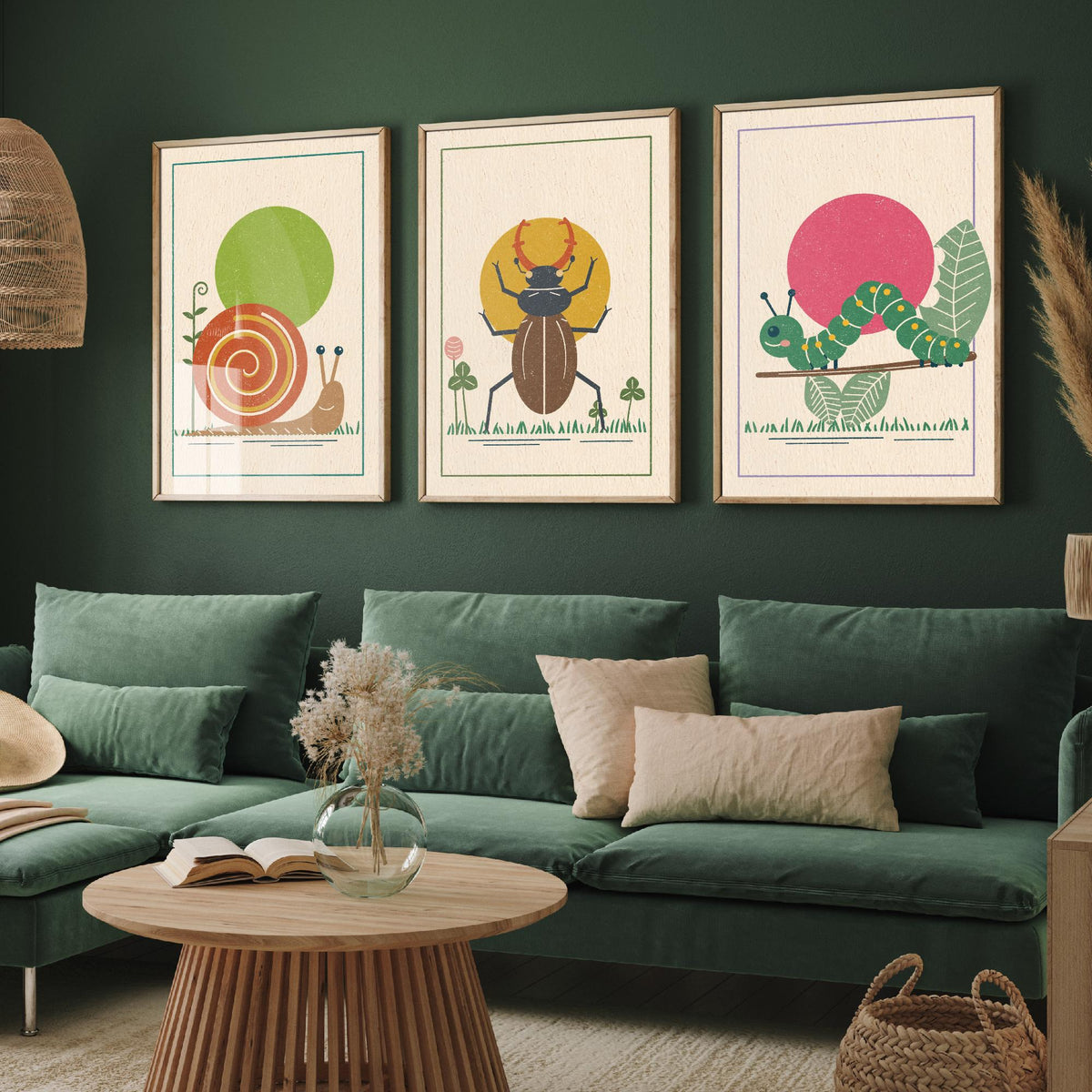 Garden Insect Set of Three Art Prints - Snail, Stag Beetle, Caterpillar - Linocut Style Poster Illustration V2