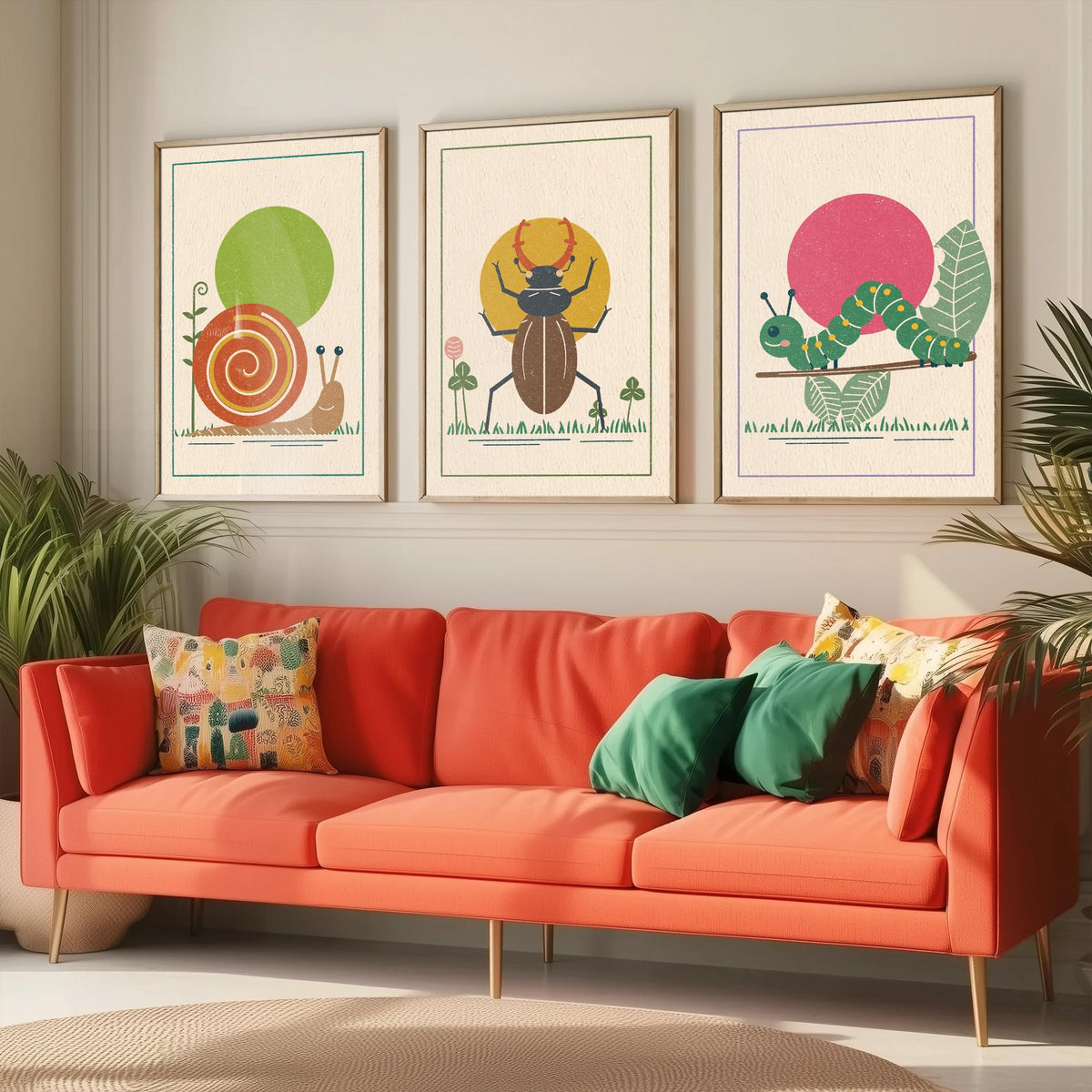 Garden Insect Set of Three Art Prints - Snail, Stag Beetle, Caterpillar - Linocut Style Poster Illustration V2