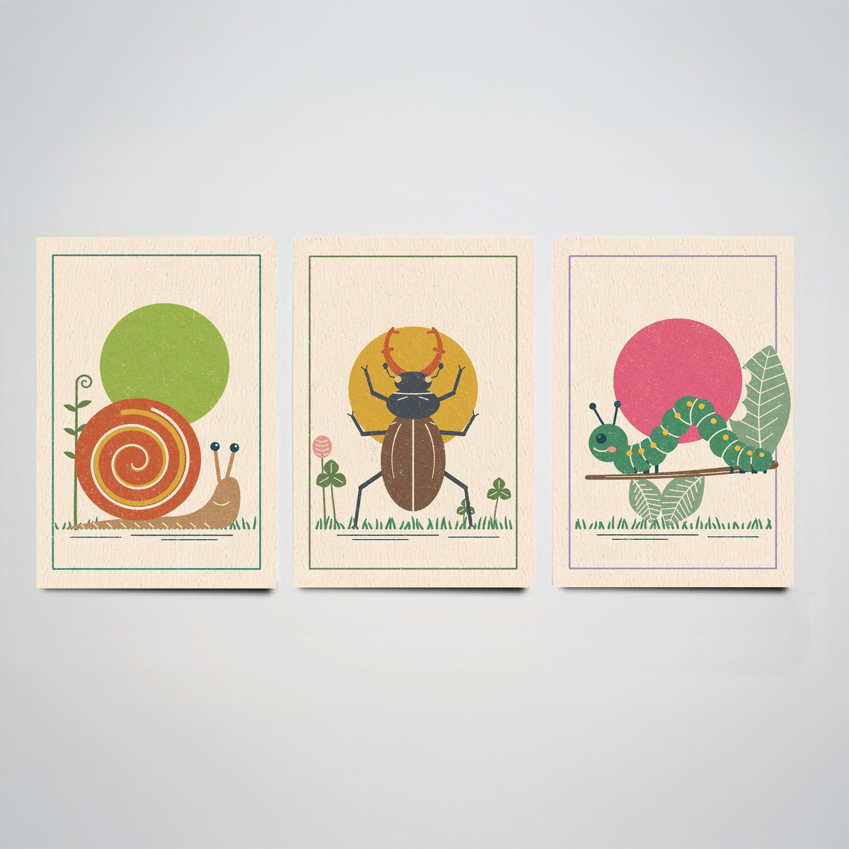 Garden Insect Set of Three Art Prints - Snail, Stag Beetle, Caterpillar - Linocut Style Poster Illustration V2