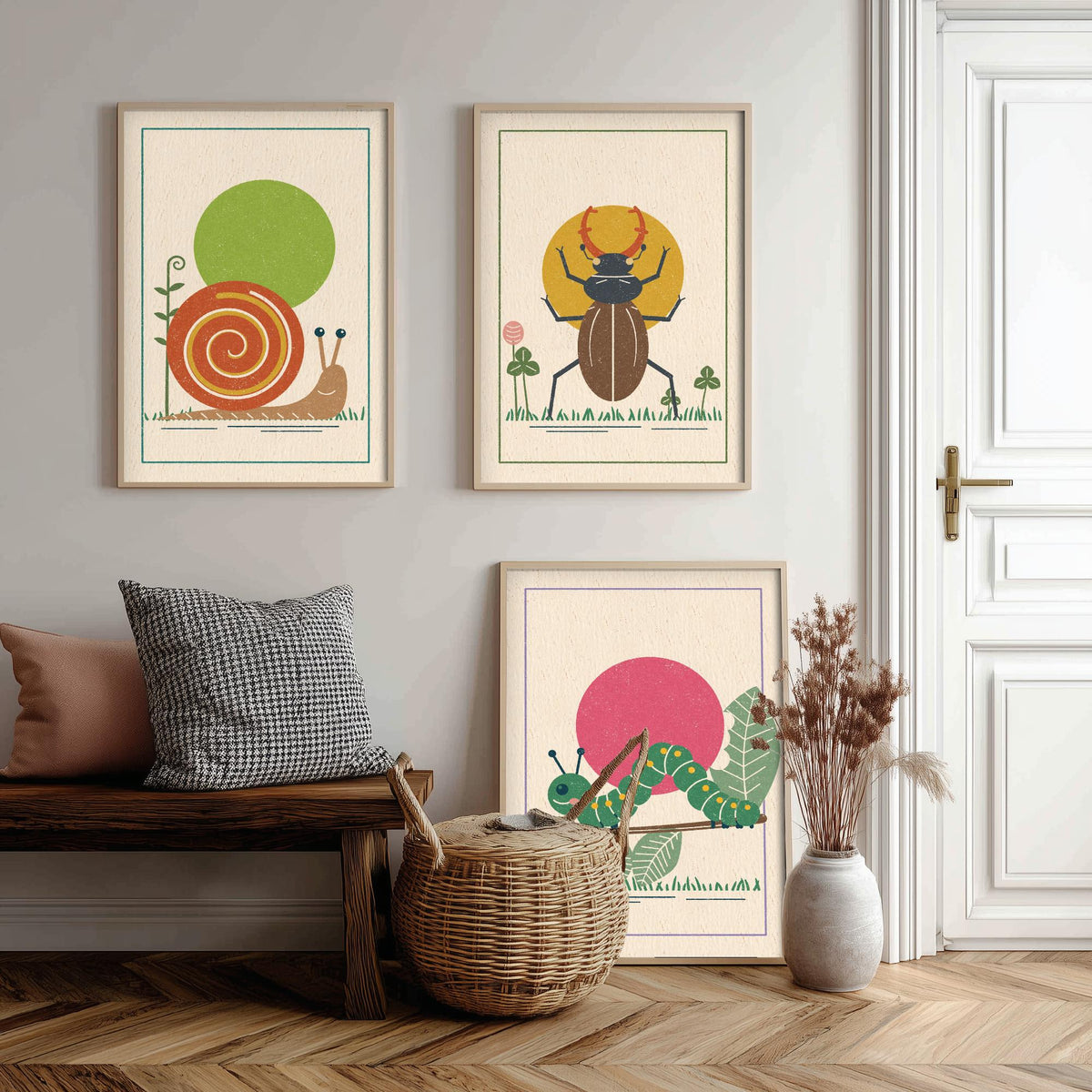 Garden Insect Set of Three Art Prints - Snail, Stag Beetle, Caterpillar - Linocut Style Poster Illustration V2