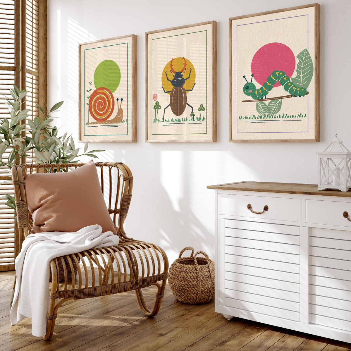 Garden Insect Set of Three Art Prints - Snail, Stag Beetle, Caterpillar - Linocut Style Poster Illustration V2