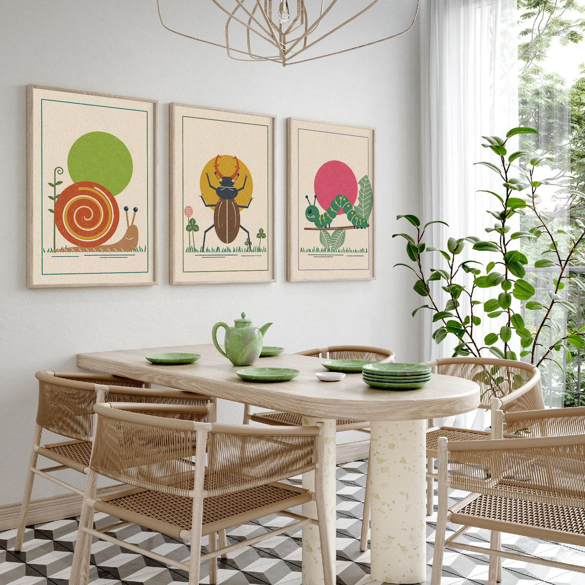 Garden Insect Set of Three Art Prints - Snail, Stag Beetle, Caterpillar - Linocut Style Poster Illustration V2