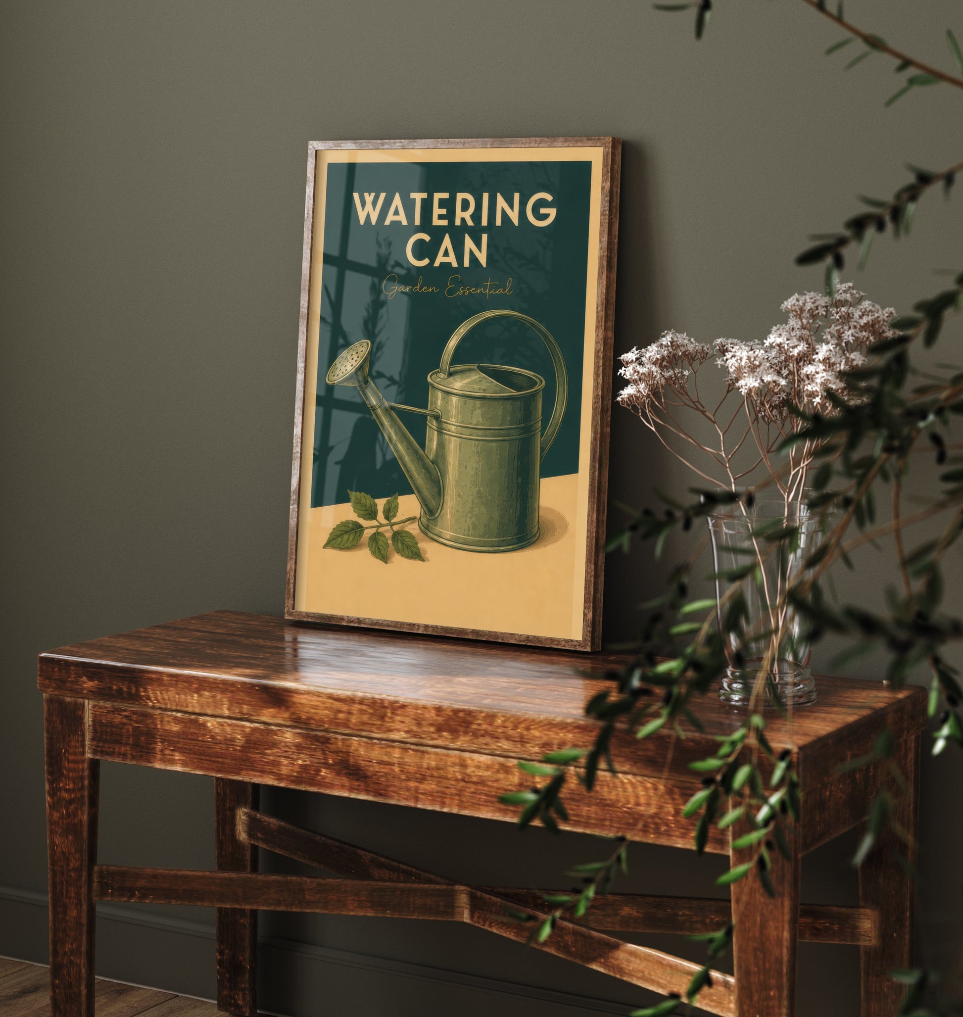 Vintage Watering Can Art Print - Garden Essential Poster - Botanical Illustration - Gardener Wall Art 1/3