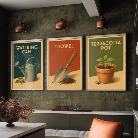 Vintage Garden Tools Set of Three Art Prints - Watering Can, Trowel, Terracotta Pot - Retro Poster Illustration Gift Decor