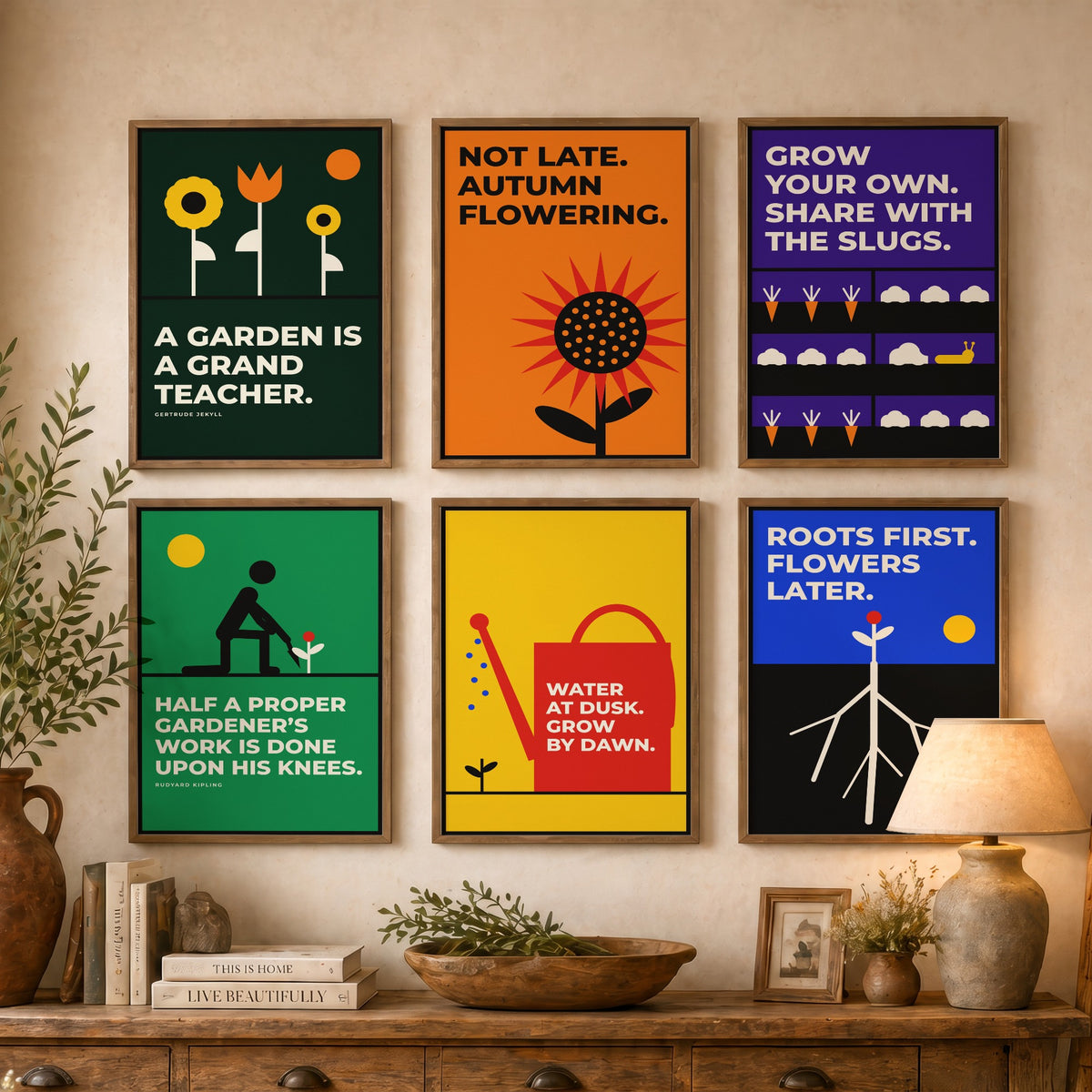Set of Six Gardening Quote Art Prints - 6 Bauhaus Gardener Posters - Minimalist Garden Illustration - Sunflower, Watering Can