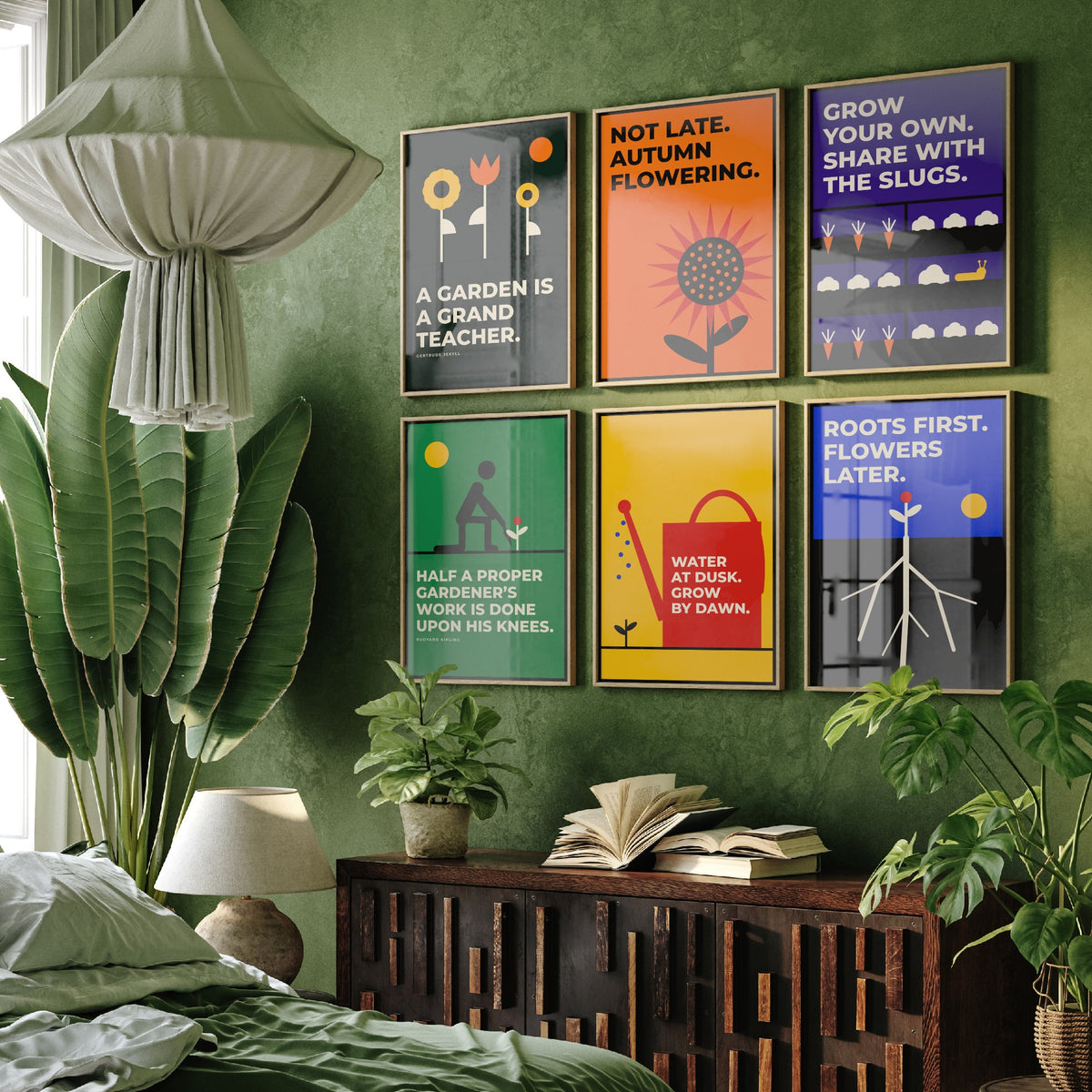 Set of Six Gardening Quote Art Prints - 6 Bauhaus Gardener Posters - Minimalist Garden Illustration - Sunflower, Watering Can
