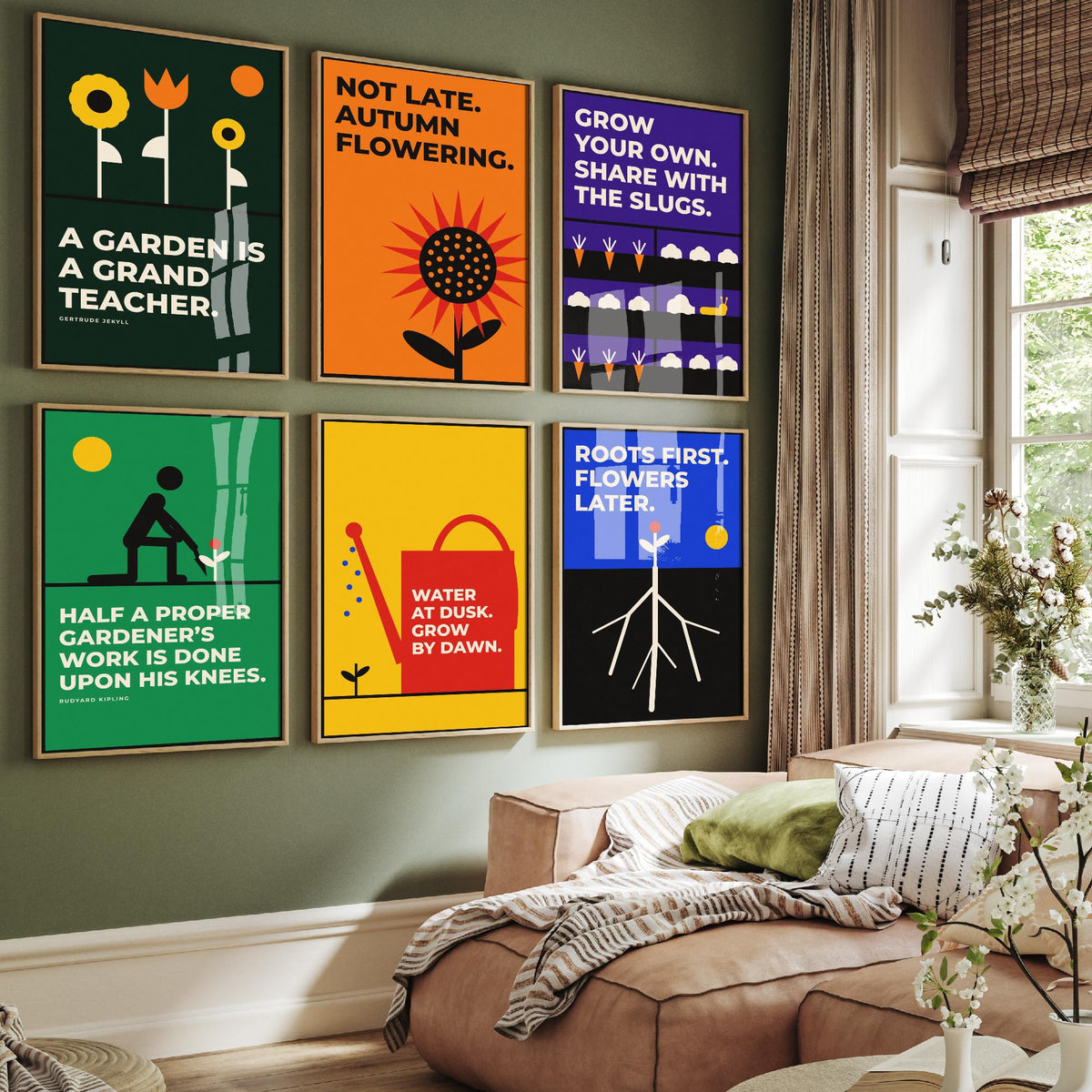 Set of Six Gardening Quote Art Prints - 6 Bauhaus Gardener Posters - Minimalist Garden Illustration - Sunflower, Watering Can