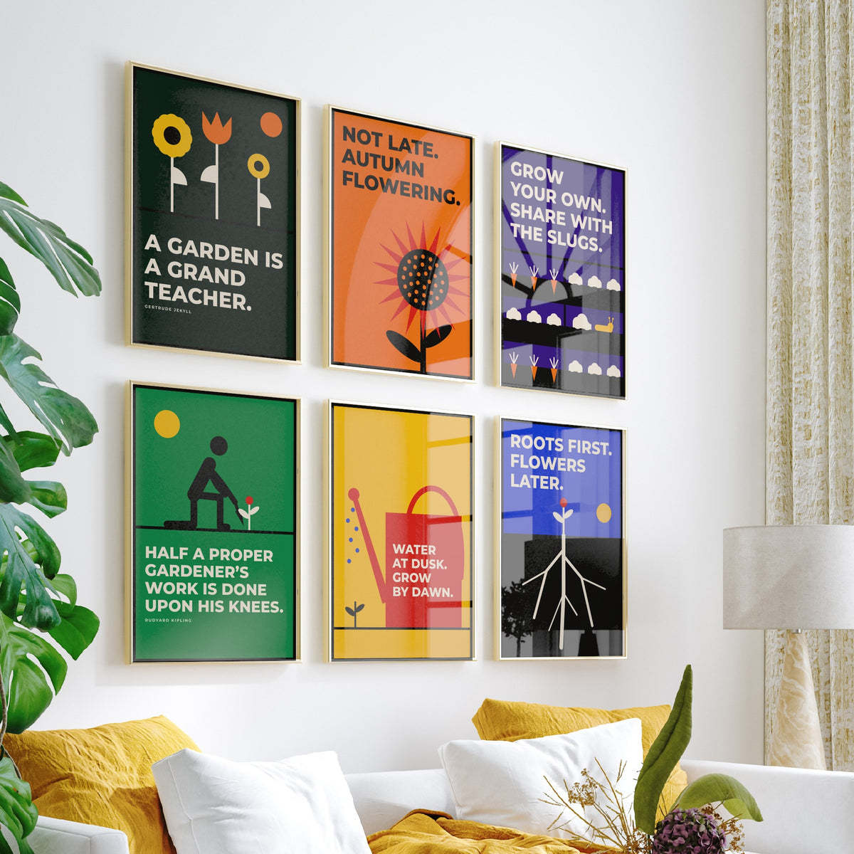 Set of Six Gardening Quote Art Prints - 6 Bauhaus Gardener Posters - Minimalist Garden Illustration - Sunflower, Watering Can