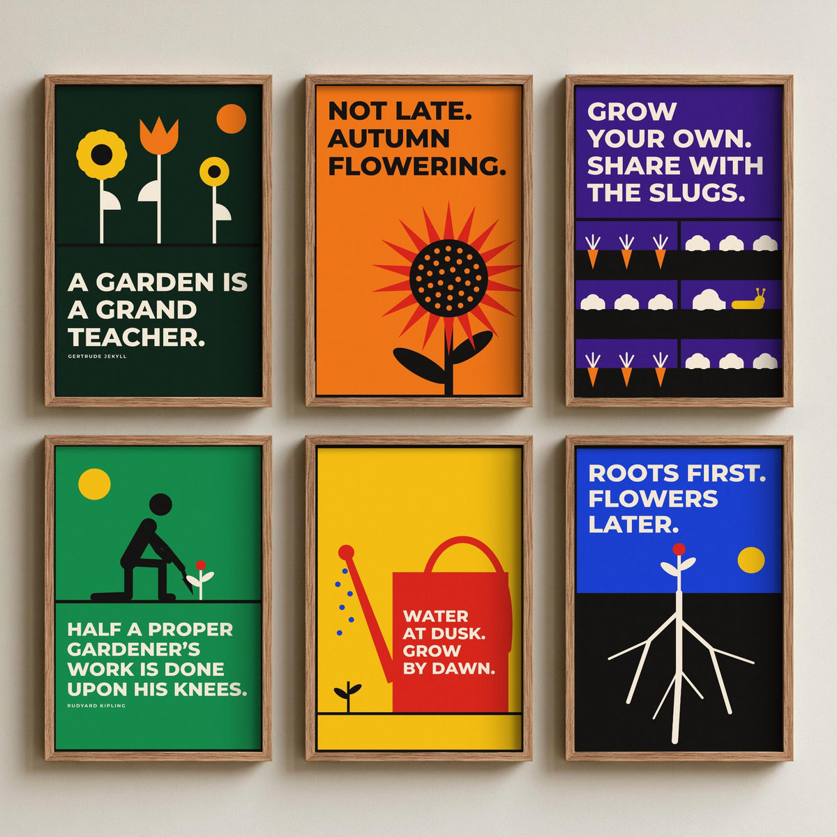 Set of Six Gardening Quote Art Prints - 6 Bauhaus Gardener Posters - Minimalist Garden Illustration - Sunflower, Watering Can