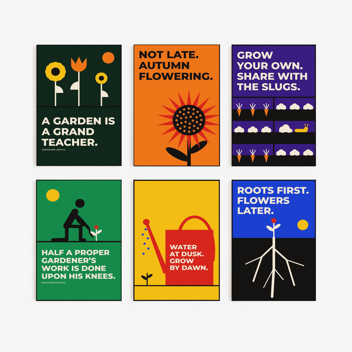 Set of Six Gardening Quote Art Prints - 6 Bauhaus Gardener Posters - Minimalist Garden Illustration - Sunflower, Watering Can
