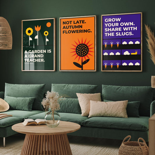 Gardening Quotes Set of Three Art Prints - 3 Bauhaus Gardener Posters - Minimalist Garden Wall Art Illustration V1