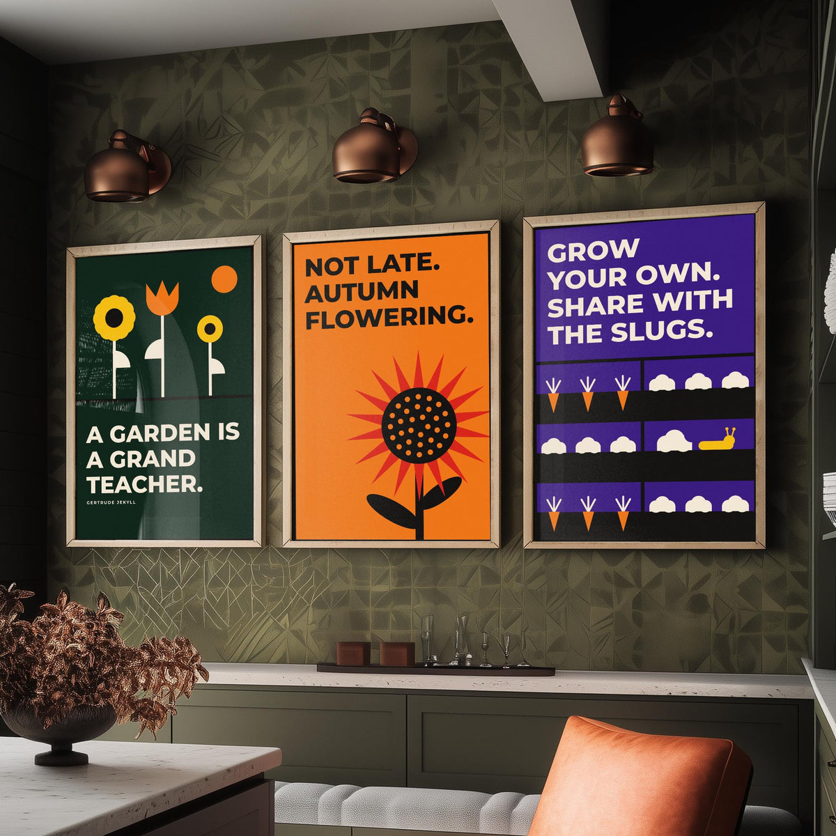 Gardening Quotes Set of Three Art Prints - 3 Bauhaus Gardener Posters - Minimalist Garden Wall Art Illustration V1