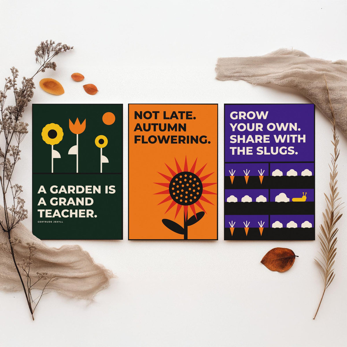 Gardening Quotes Set of Three Art Prints - 3 Bauhaus Gardener Posters - Minimalist Garden Wall Art Illustration V1