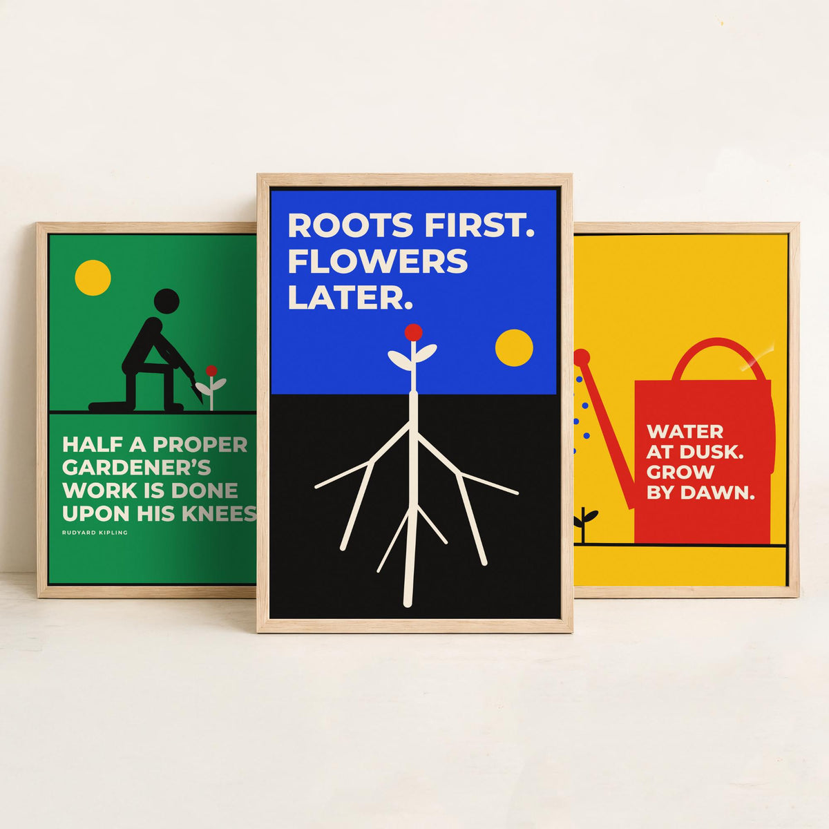 Gardening Quotes Set of Three Art Prints - 3 Retro Bauhaus Gardener Posters - Minimalist Garden Wall Art Illustration V2