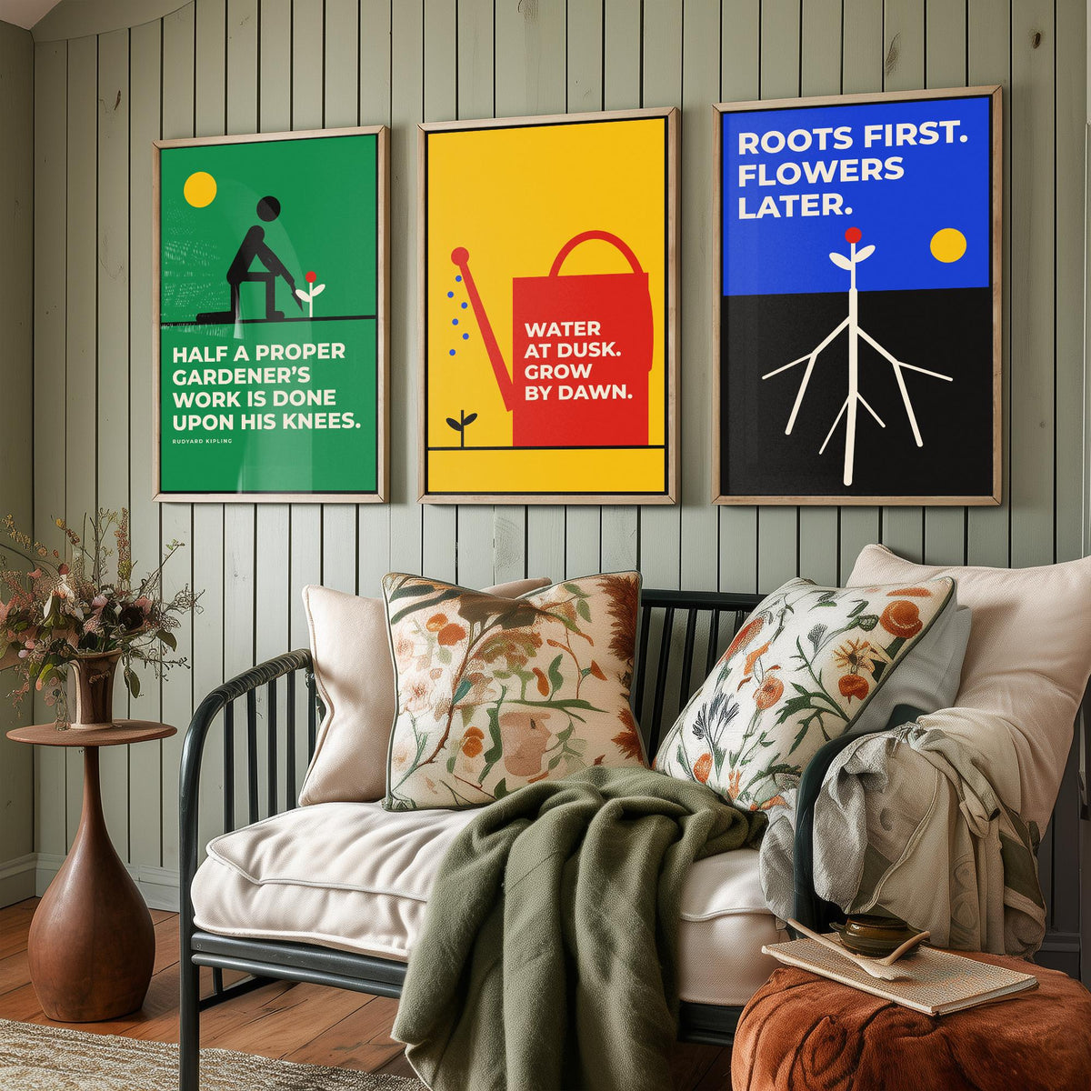 Gardening Quotes Set of Three Art Prints - 3 Retro Bauhaus Gardener Posters - Minimalist Garden Wall Art Illustration V2