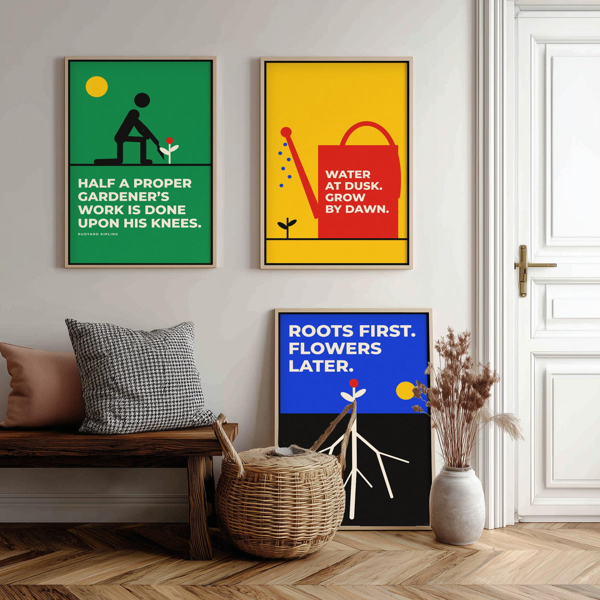 Gardening Quotes Set of Three Art Prints - 3 Retro Bauhaus Gardener Posters - Minimalist Garden Wall Art Illustration V2
