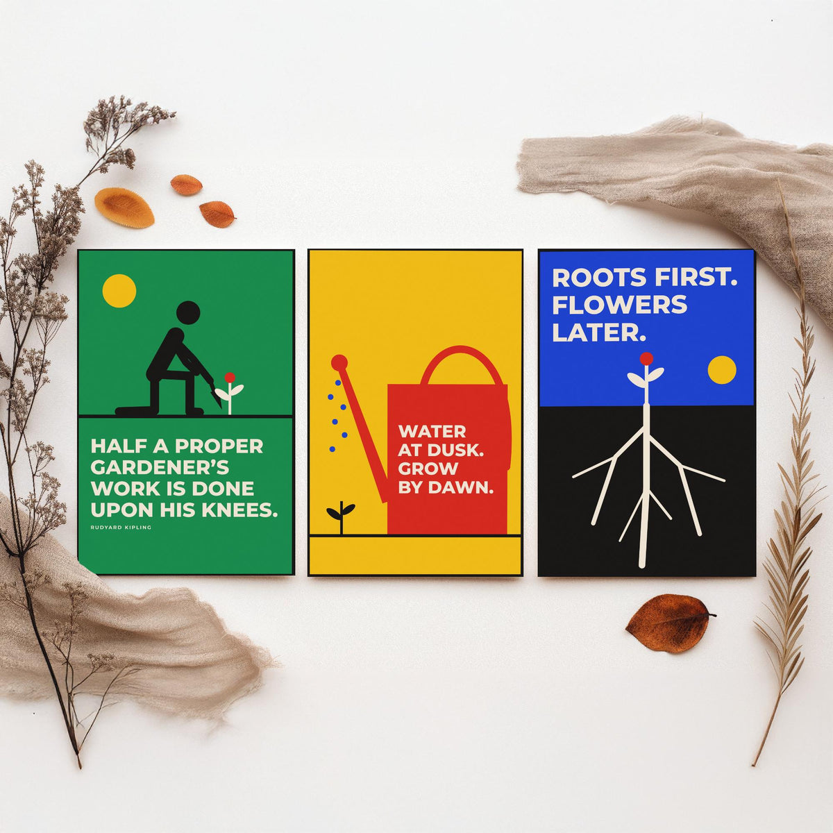 Gardening Quotes Set of Three Art Prints - 3 Retro Bauhaus Gardener Posters - Minimalist Garden Wall Art Illustration V2