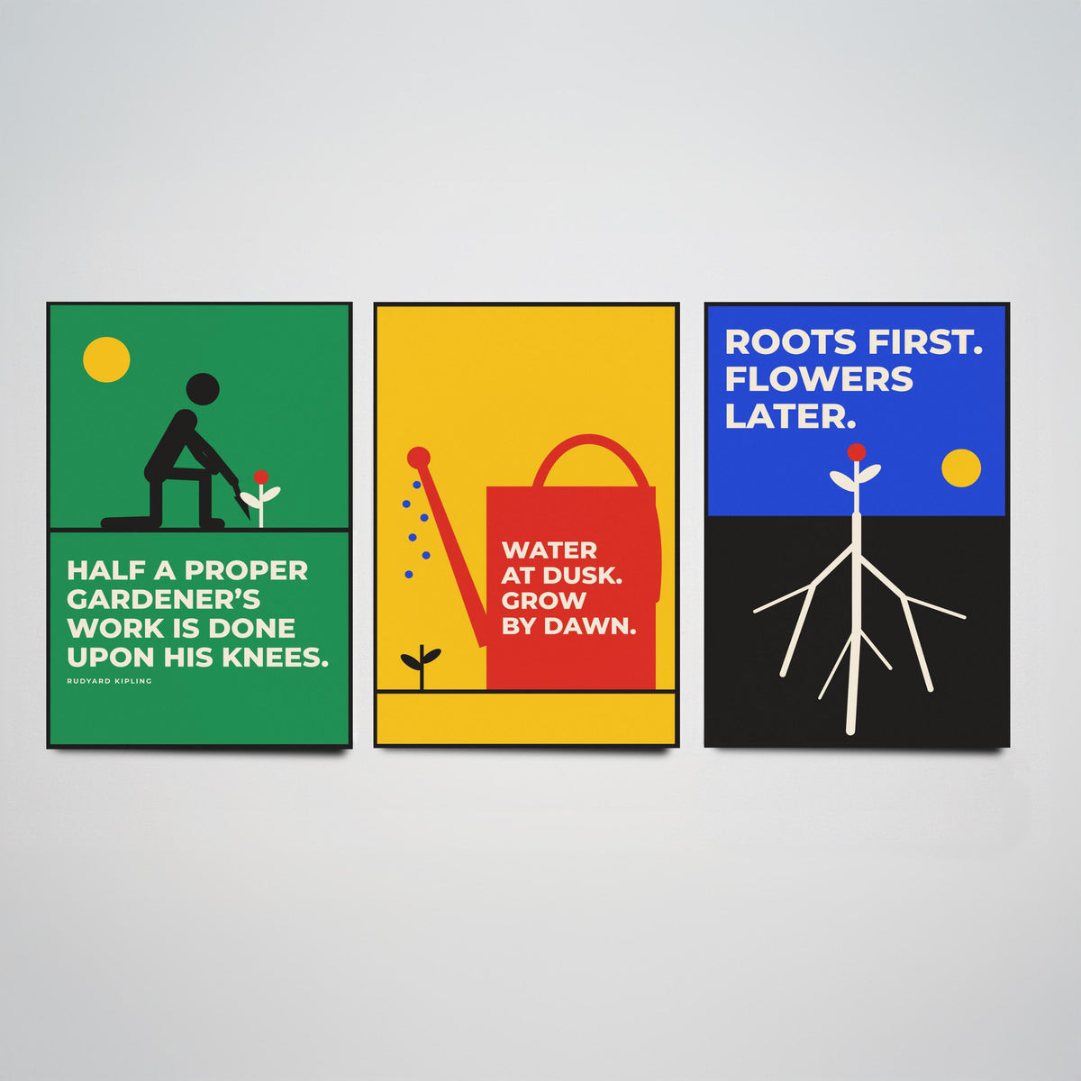 Gardening Quotes Set of Three Art Prints - 3 Retro Bauhaus Gardener Posters - Minimalist Garden Wall Art Illustration V2