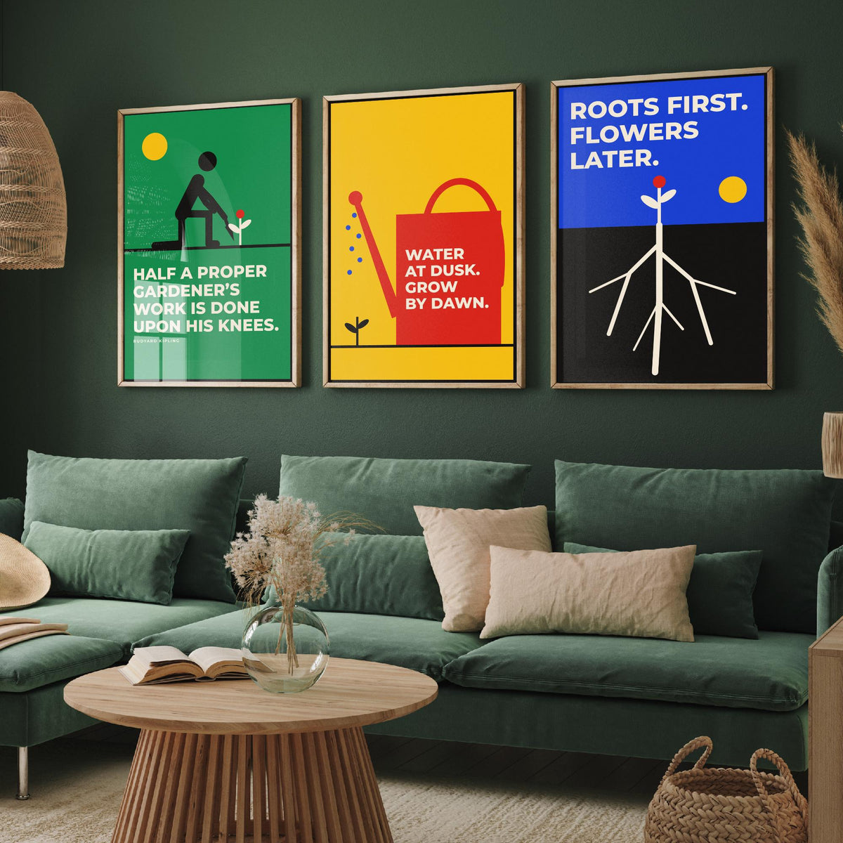 Gardening Quotes Set of Three Art Prints - 3 Retro Bauhaus Gardener Posters - Minimalist Garden Wall Art Illustration V2