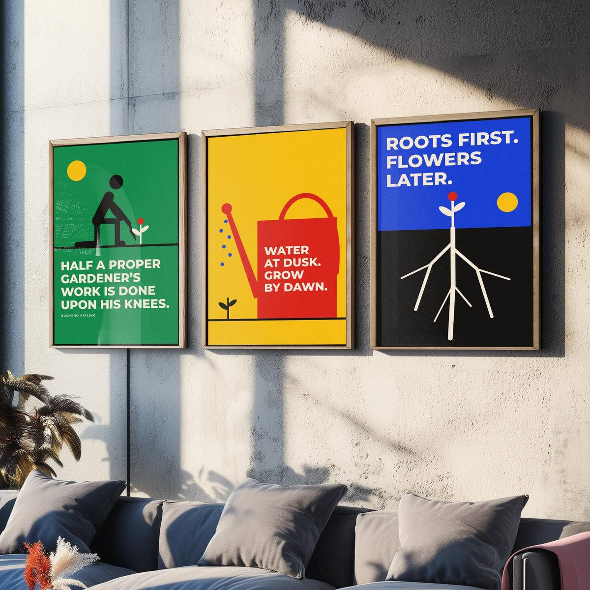 Gardening Quotes Set of Three Art Prints - 3 Retro Bauhaus Gardener Posters - Minimalist Garden Wall Art Illustration V2