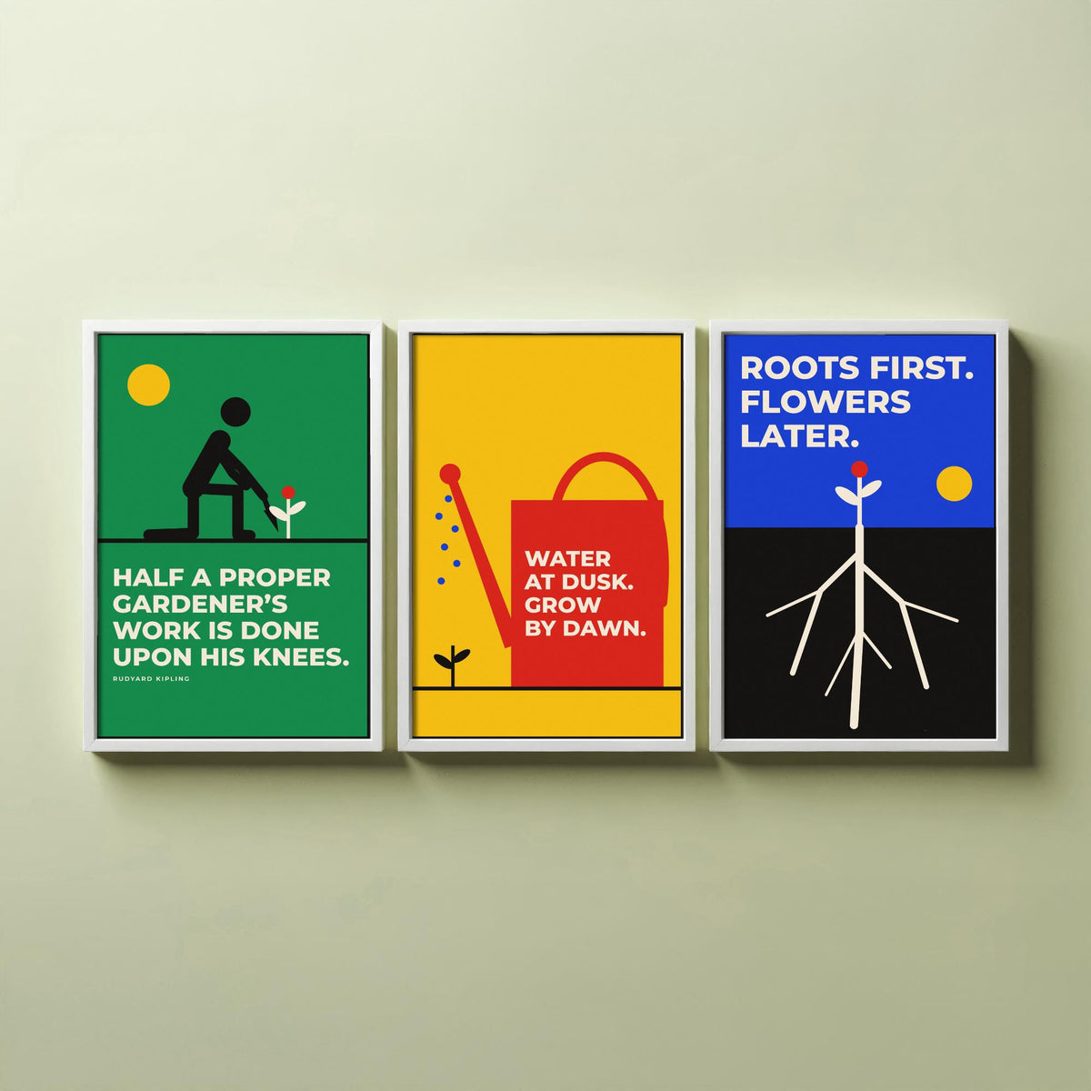 Gardening Quotes Set of Three Art Prints - 3 Retro Bauhaus Gardener Posters - Minimalist Garden Wall Art Illustration V2