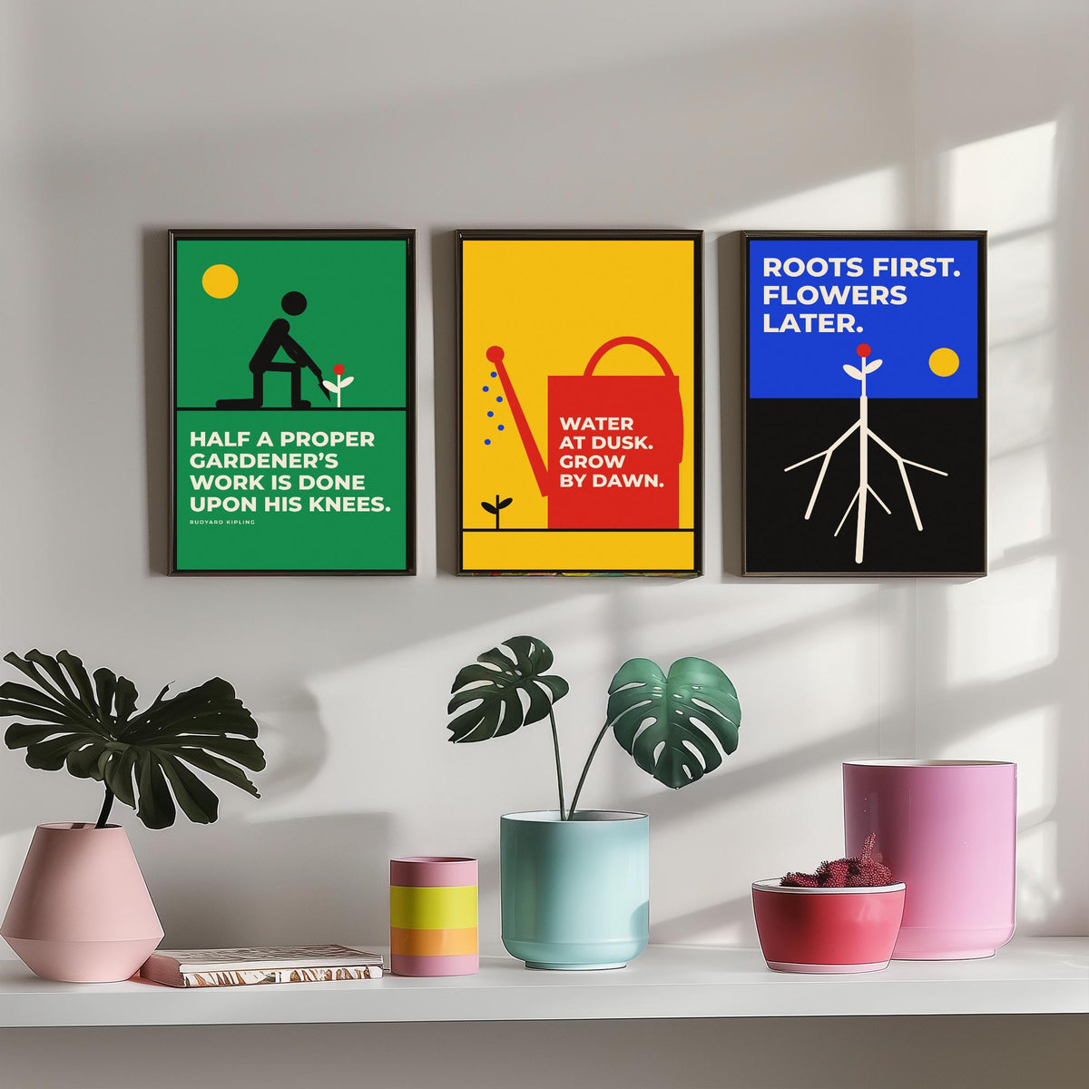 Gardening Quotes Set of Three Art Prints - 3 Retro Bauhaus Gardener Posters - Minimalist Garden Wall Art Illustration V2