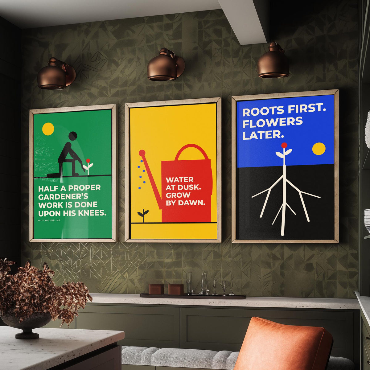 Gardening Quotes Set of Three Art Prints - 3 Retro Bauhaus Gardener Posters - Minimalist Garden Wall Art Illustration V2