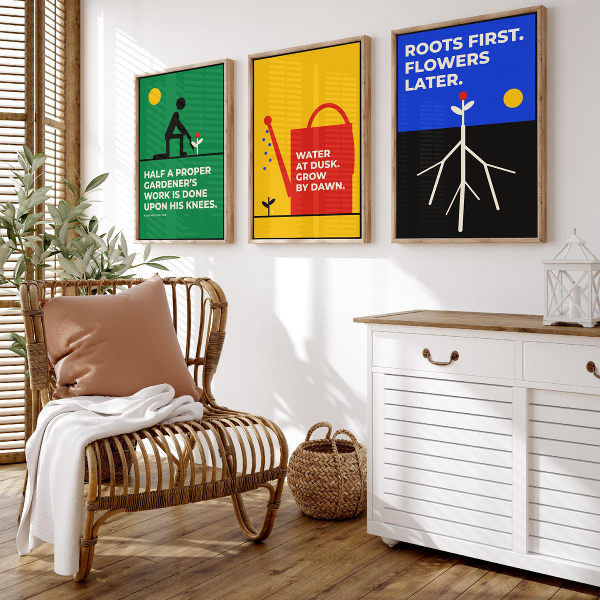 Gardening Quotes Set of Three Art Prints - 3 Retro Bauhaus Gardener Posters - Minimalist Garden Wall Art Illustration V2
