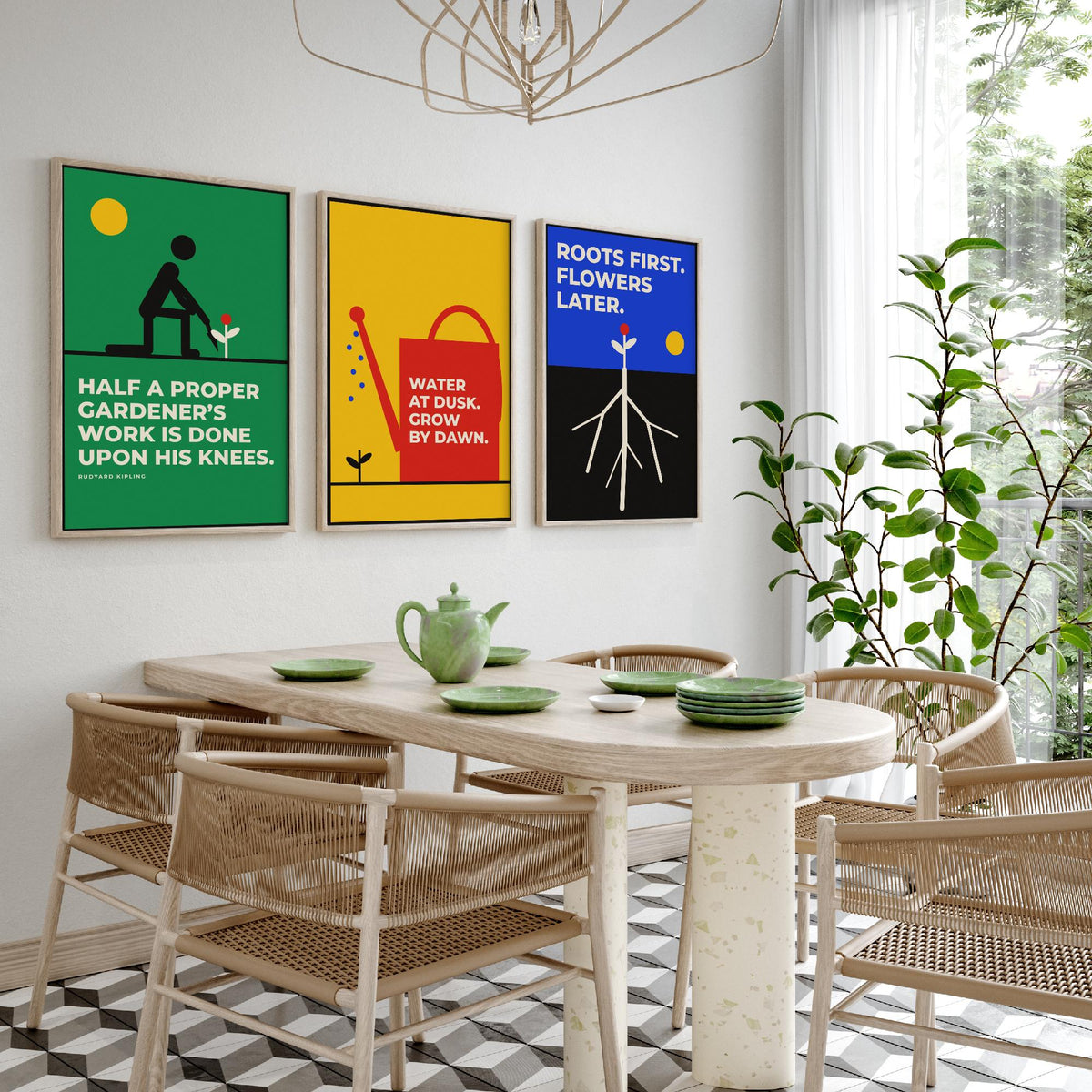 Gardening Quotes Set of Three Art Prints - 3 Retro Bauhaus Gardener Posters - Minimalist Garden Wall Art Illustration V2