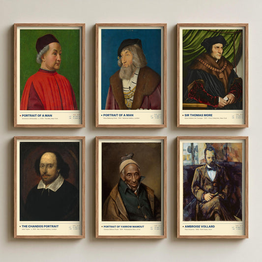 Set of Six Gentleman Portrait Paintings - 6 Historic Men Art Prints - Holbein, Ghirlandaio, Cezanne, Baldung - Chandos Poster Set
