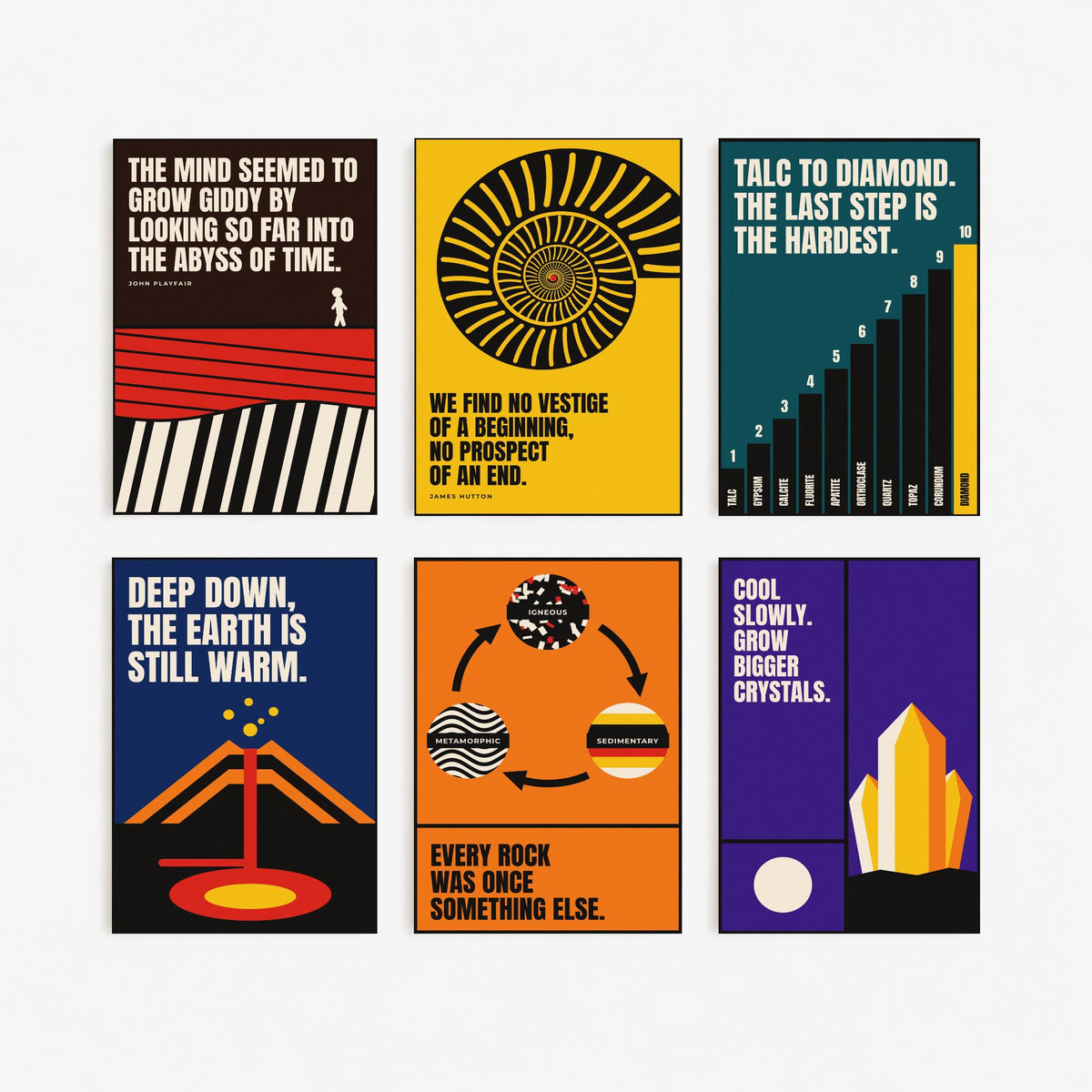 Set of Six Geology Quote Art Prints - 6 Bauhaus Rocks and Fossils Posters - Minimalist Science Illustration - Ammonite, Rock Cycle