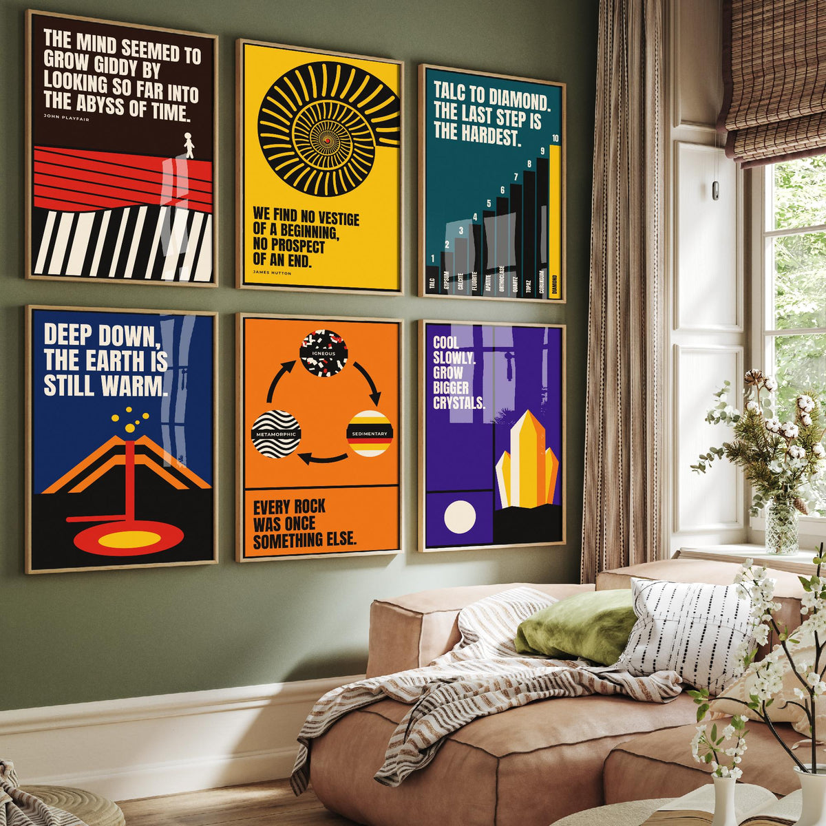 Set of Six Geology Quote Art Prints - 6 Bauhaus Rocks and Fossils Posters - Minimalist Science Illustration - Ammonite, Rock Cycle