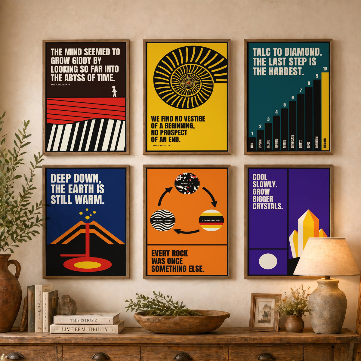 Set of Six Geology Quote Art Prints - 6 Bauhaus Rocks and Fossils Posters - Minimalist Science Illustration - Ammonite, Rock Cycle