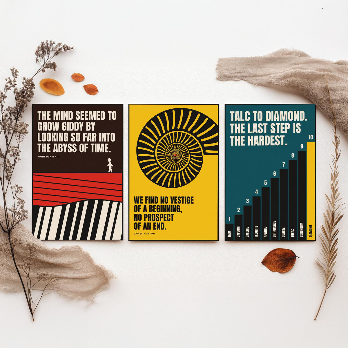 Geology Quotes Set of Three Art Prints - 3 Bauhaus Rocks and Fossils Posters - Minimalist Science Wall Art Illustration V1