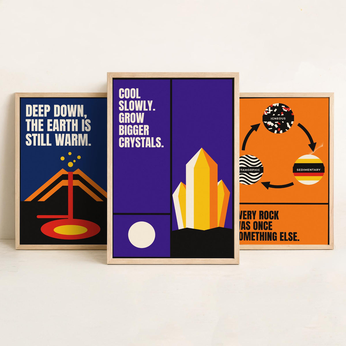 Geology Quotes Set of Three Art Prints - 3 Retro Bauhaus Rocks and Fossils Posters - Minimalist Science Wall Art Illustration V2